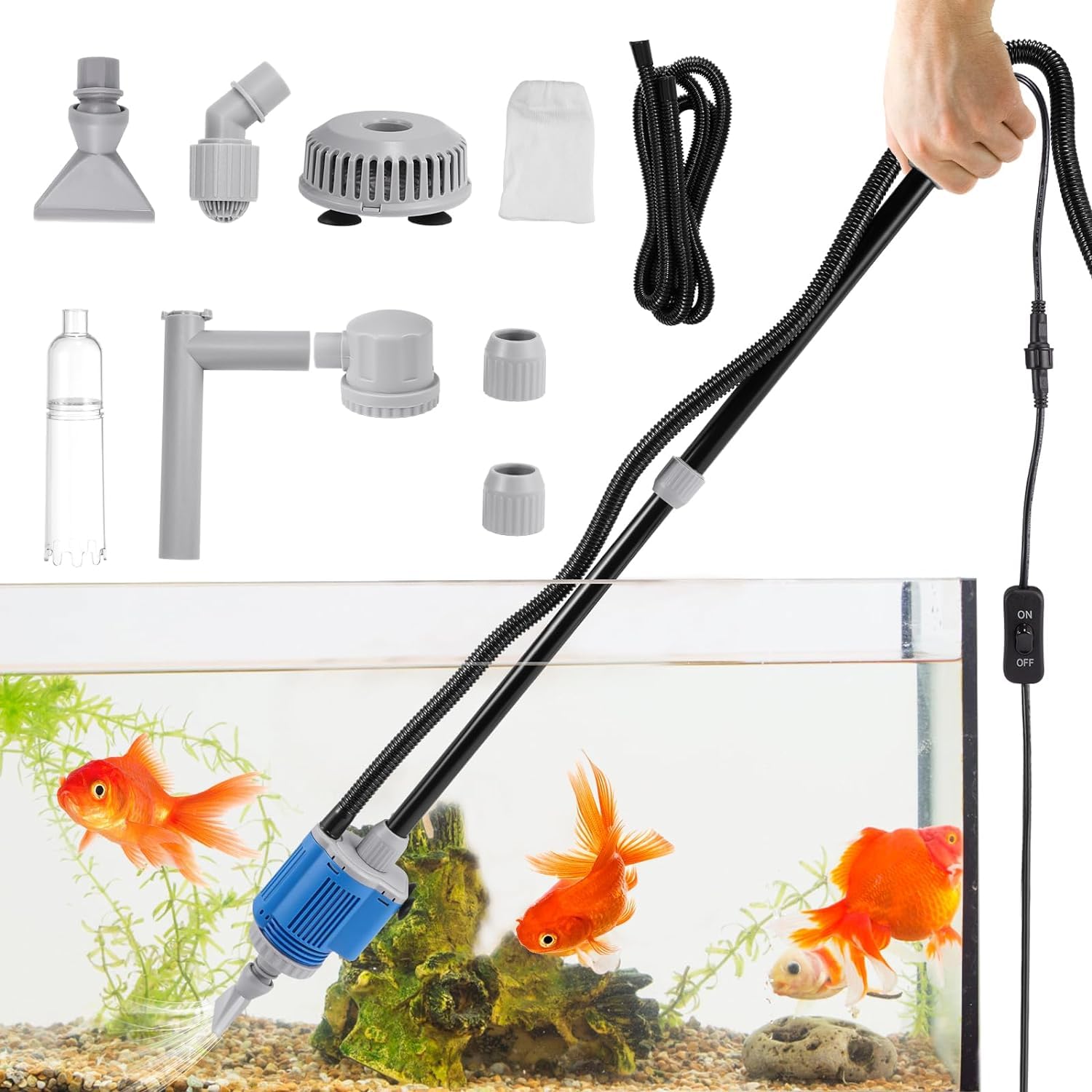 Aspirador Acuario Eléctrico, 6 en 1 Aspirador Automático para Acuario, Kit de Limpiador de Grava con Boquilla para Acuario, Cambio de Agua y Lavado de Arena Apto para Acuarios Medianos y Grandes