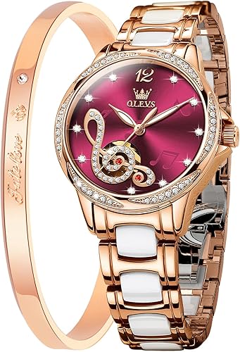 OLEVS Reloj automático para mujer, elegante, oro rosa, diamante, esqueleto, acero inoxidable, correa de cerámica, pulsera de reloj, regalo