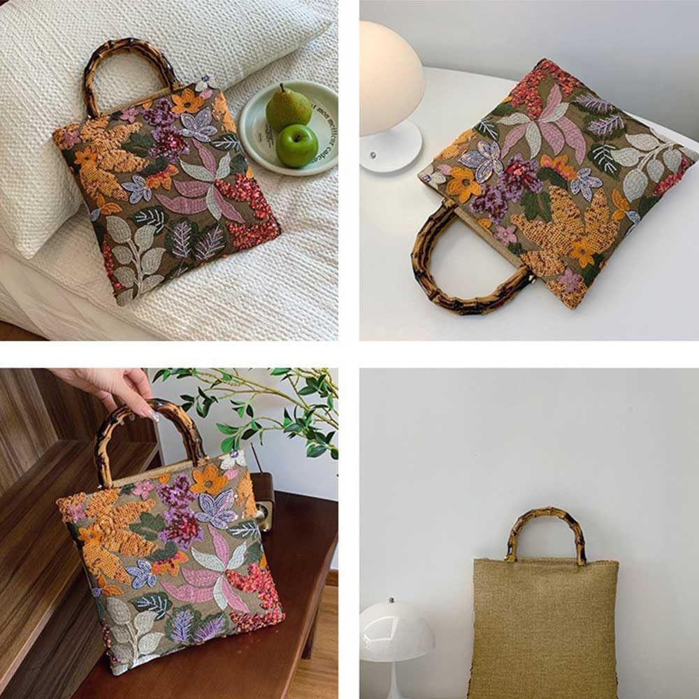 Bamboo handbag, high-end texture, colorful sequins, retro style, women's hand-held embroidered banquet bag