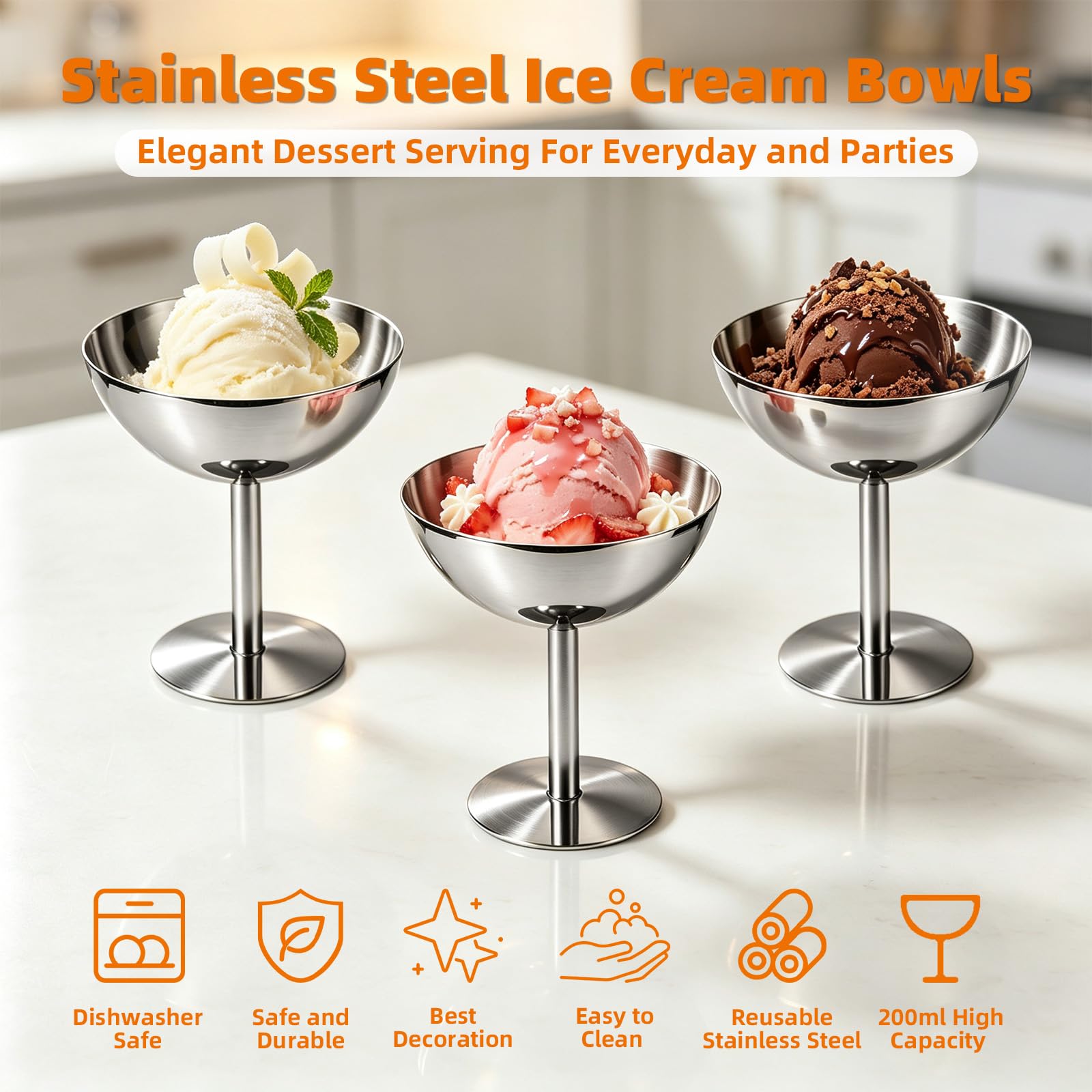 8 Stück Eisbecher, Eisschalen Eiscreme Dessertgläser mit Hohe Fuß, Vintage Edelstahl Dessertschale mit Fuß zum Servieren von Eis, Salat, Pudding und Obst für Partys, Dessertschalen aus 304 Edelstahl