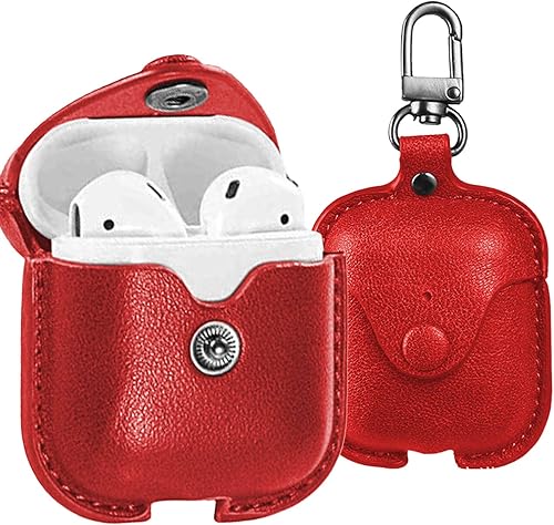 Funda para AirPods, funda de piel delgada protectora suave para Apple AirPods 1 y 2, funda de carga con llavero (rojo)