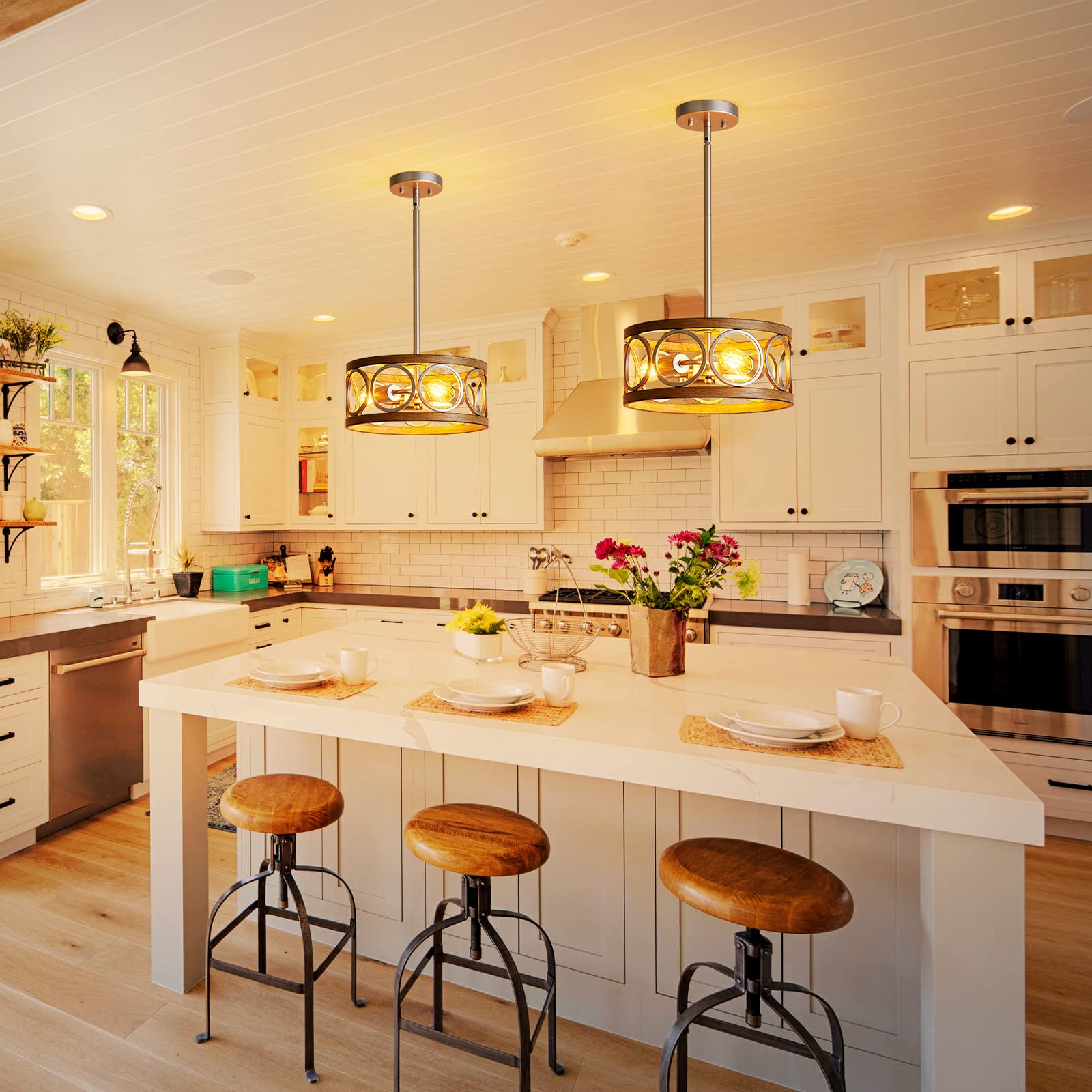 XINGQI 13" Adjustable Height Rustic Pendant Lighting Mini Drum Chandelier 3 Light Vintage Hanging Ceiling Light Fixture for Dining Room Kitchen Island Living Room Bedroom Foyer Hallway, Brushed Nickel