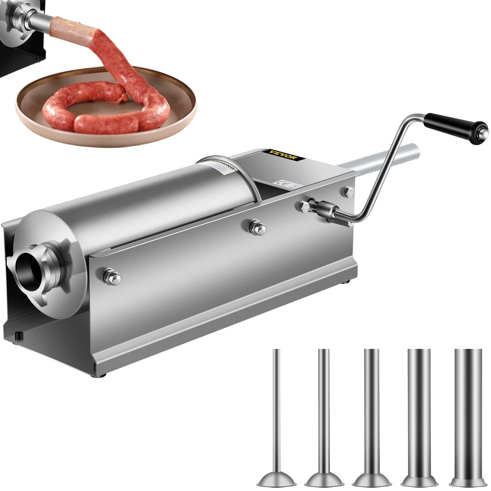 Horizontal Sausage Stuffer 5L/11Lbs Manual Sausage Maker With 5 Filling Nozzles Sausage Stuffing Machine For Home & Commercial Use Stainless Steel