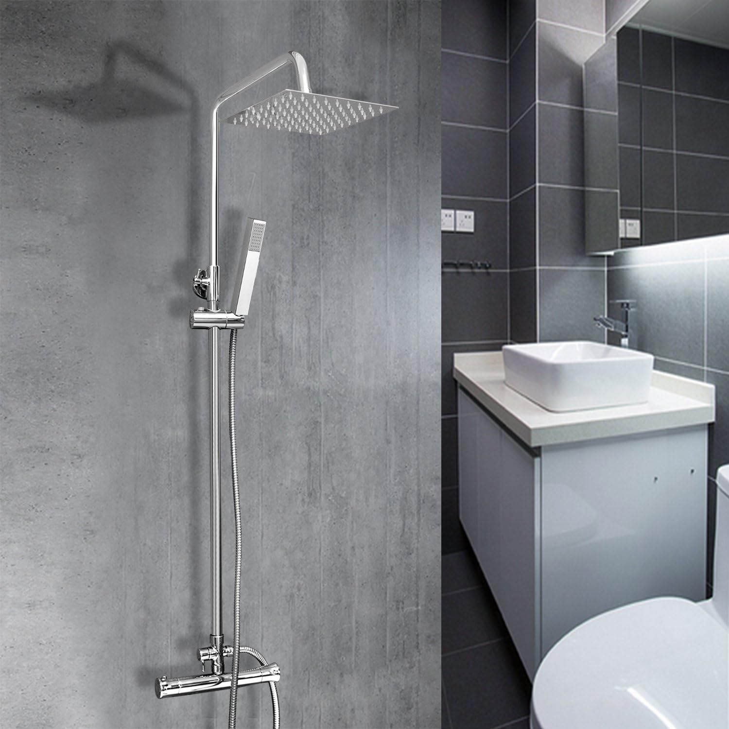Vesuvio Thermostatic Shower Mixer Set with 8"Square Rain Showerhead and Handset