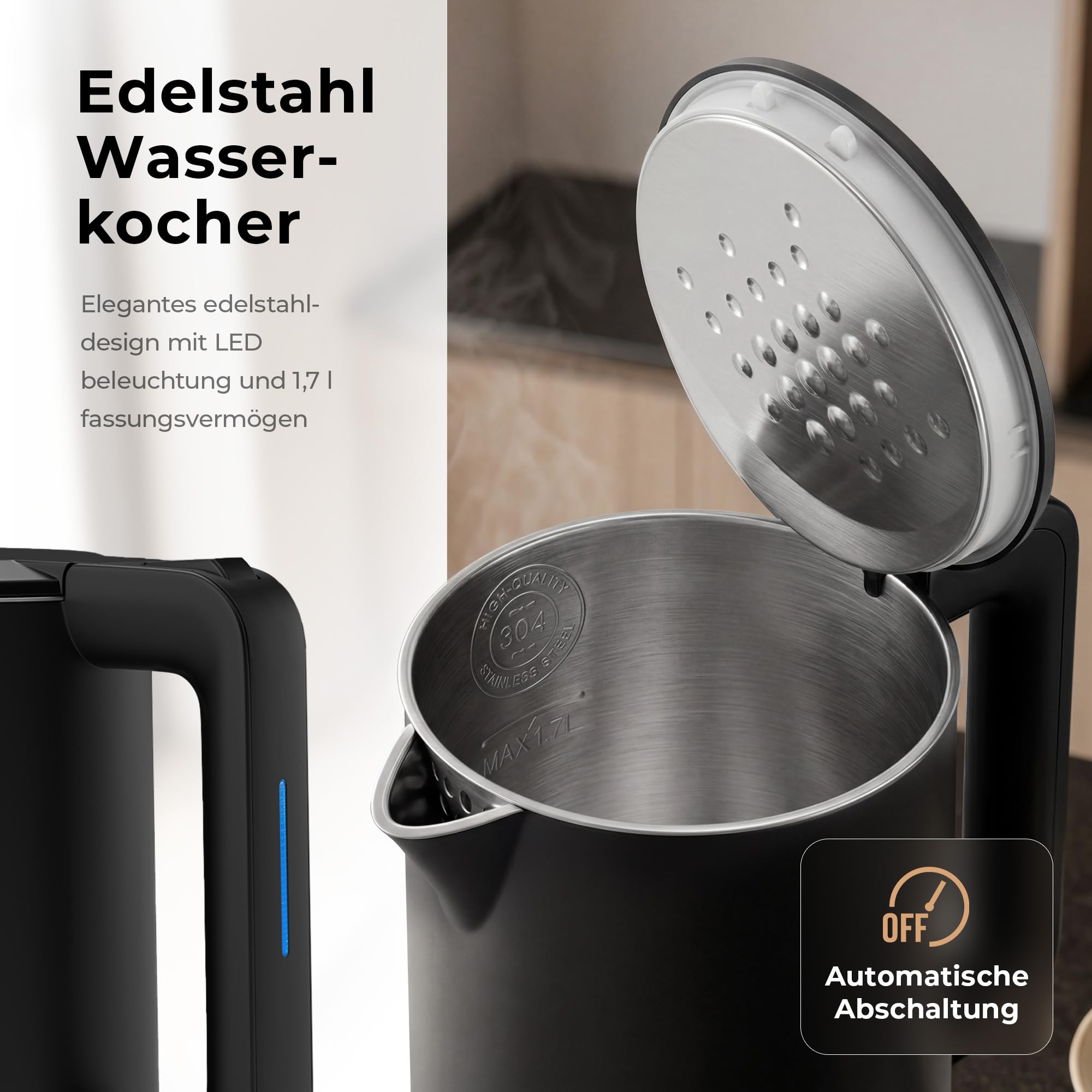 Balter Wasserkocher Edelstahl WK-4, 1,7 Liter, elektrischer Wasserkocher, Doppelwand Design, BPA frei, LED, Teekocher Kompakt, leise (Schwarz)