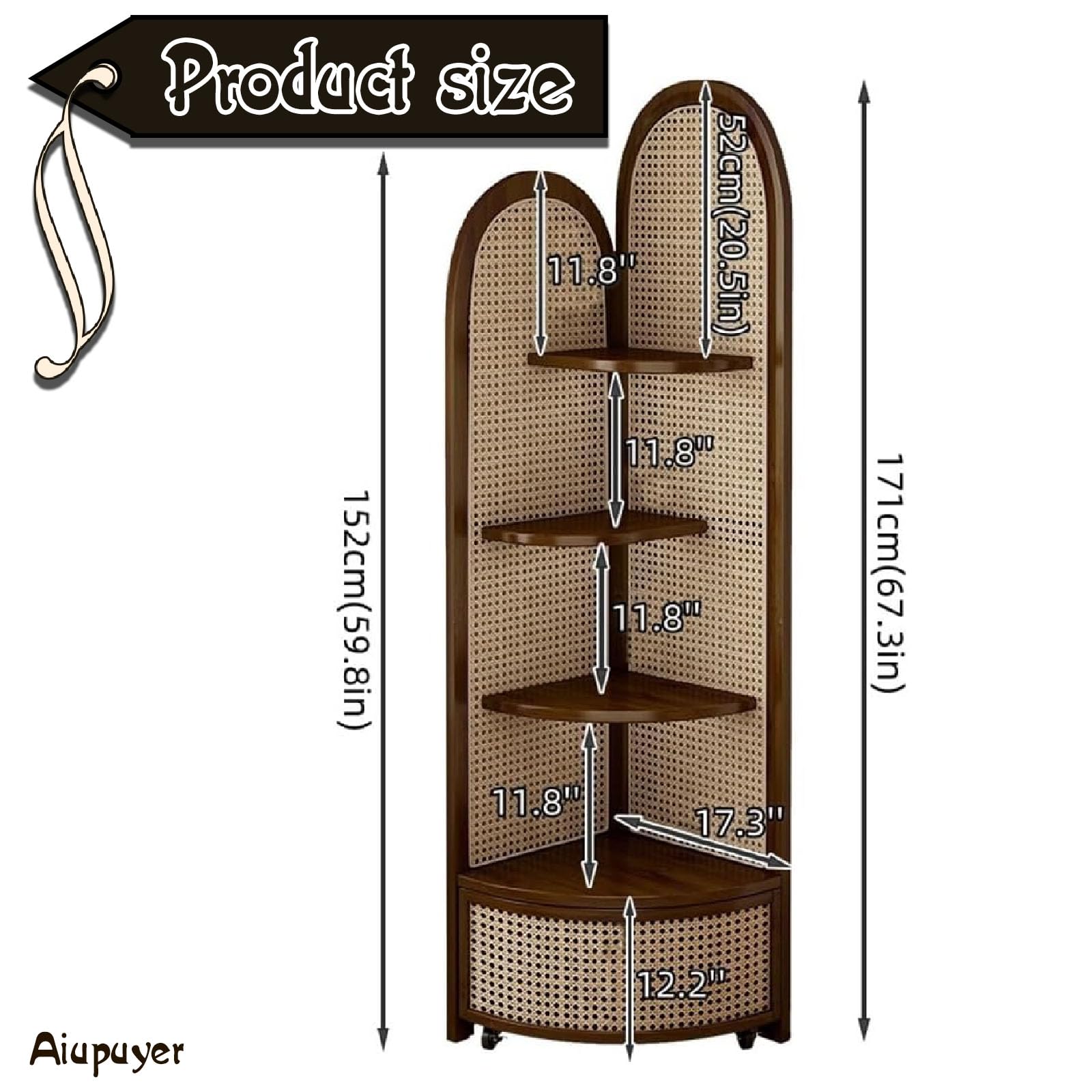 Scaffale angolare in legno massiccio e rattan, a 4 ripiani, triangolare, multifunzione, per soggiorno e camera da letto, libreria in rattan fatta a mano