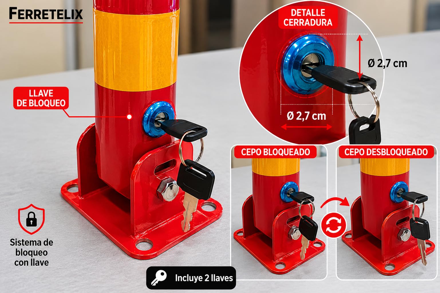 Ferretelix® Cepo Parking 60 cm x 33 cm x 8 cm - Barrera parking - Valla parking - incluye 2 llaves de seguridad. Abatible | Cerradura de seguridad