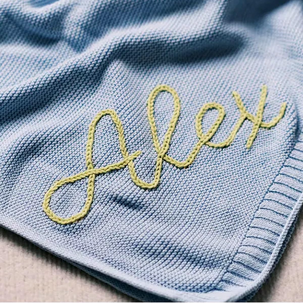 Herstl Sky Blue Personalized Embroidered Baby Blanket, Soft Cotton Knitted Stroller Blanket With Name, Breathable Newborn Receiving Blanket, (Sky Blue)