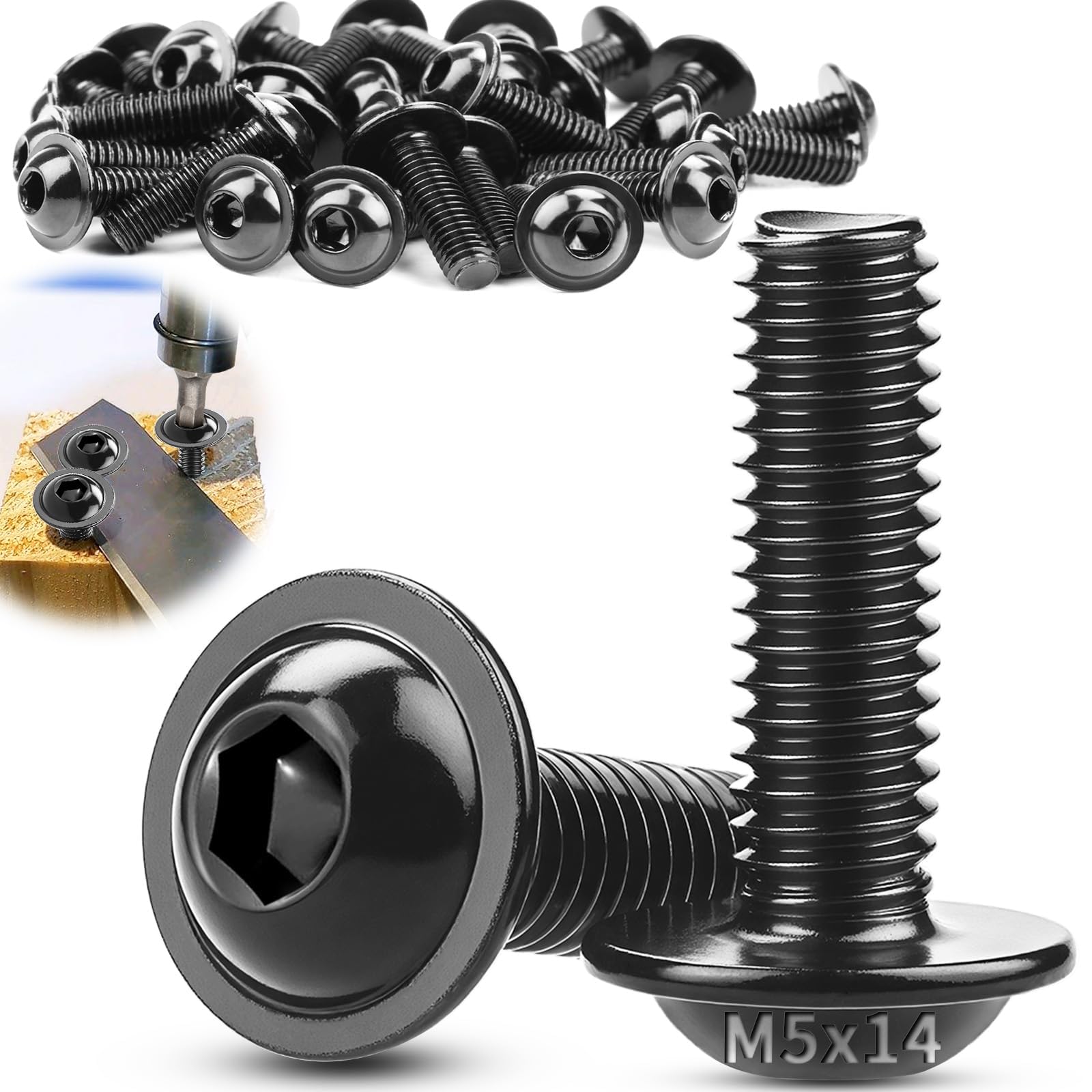 TXXATX M5x14mm Bolts Flanged Button Head Socket Cap Screws 50 Pcs 304 Stainless Steel Pan Head Screws Black Oxide Allen Bolts ISO7380-2 with Hex Drive for Table Legs Vehicles DIY Model Building
