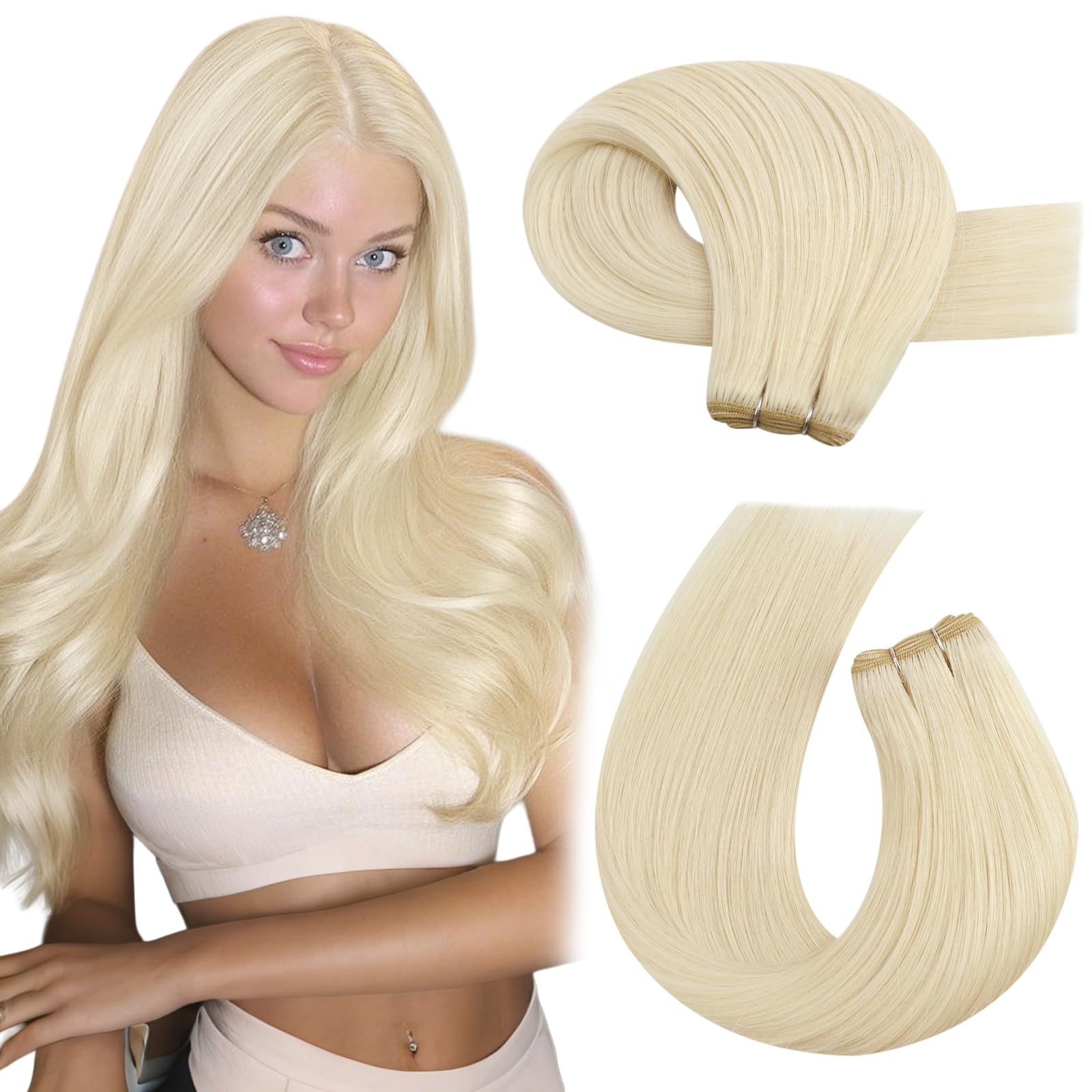 Moresoo Butterfly Weft Hair Extensions Remy Human Hair Ash Blonde Highlight Bleached Blonde 18 Inch OVO Weft Hair Extensions Human Hair Ash Blonde Highlight 100g/pack #18/613 — view 18