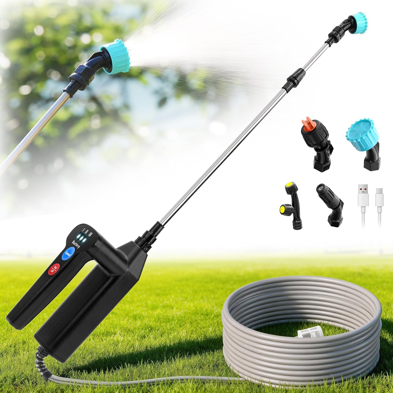 Battery Powered Sprayer Wand with 32.8FT Extended Hose, Electric Garden Sprayer with 3 Speeds & Battery Indicator, 4 Nozzles, 7.4V Portable Weed Sprayer for Lawn Care, Fertilizing, Watering