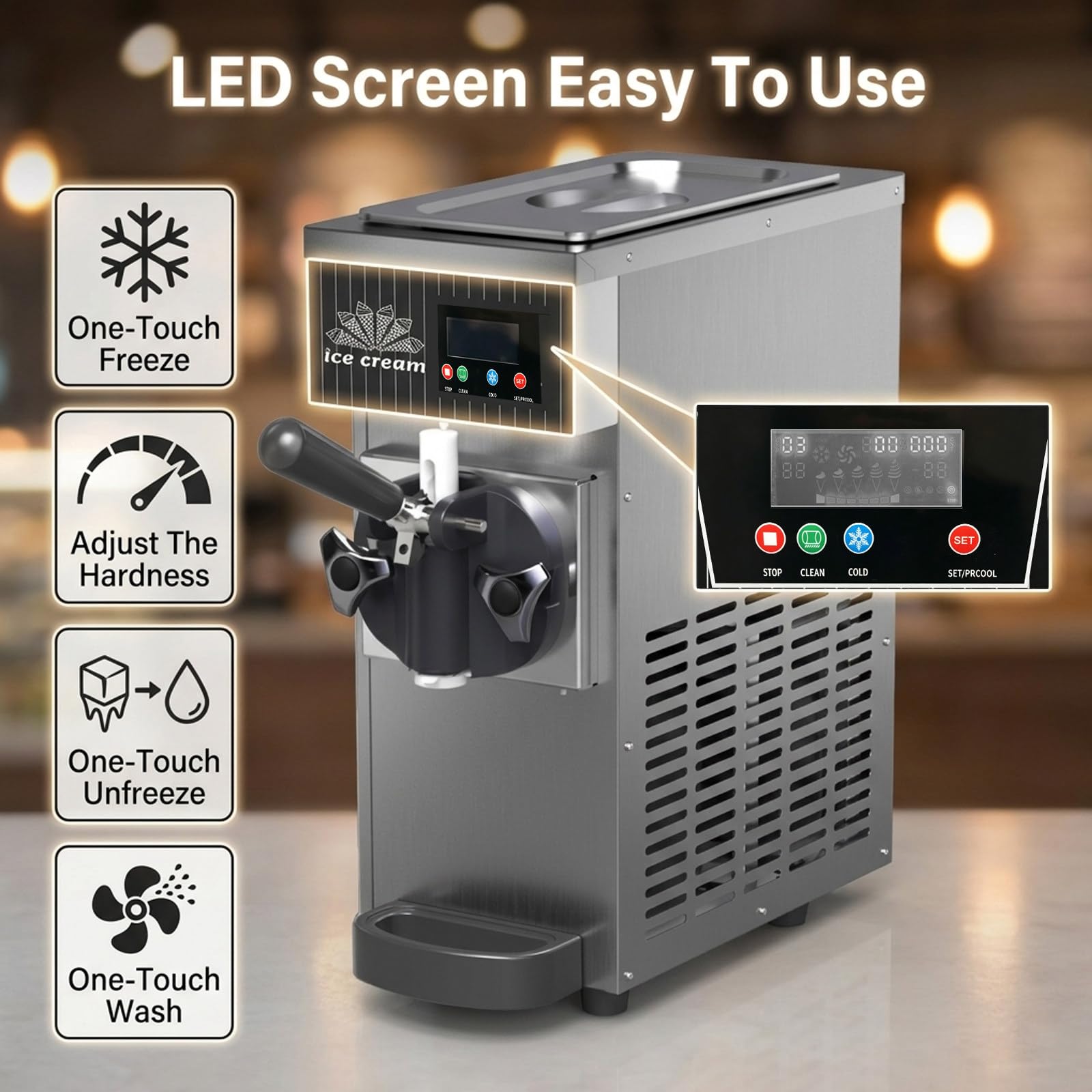 Macchina Gelato Soft Commerciale 450W 1 Gusto, Macchina da Banco, 4-8kg/H, Tramoggia 2,5L, Display LCD, Autopulizia, per Ristoranti e Gelaterie Purple-220V