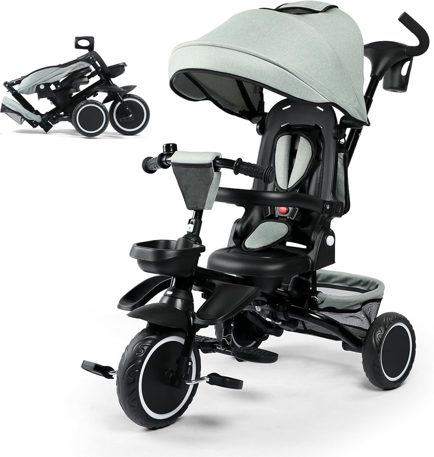 8 in 1 Kids Tricycle, Folding Toddler Tricycle Stroller w/Reversible Seat, Adjustable Push Rod & Canopy, Baby Trike Toddler Bike w/Bell, 5-Point Harness, Extra Storage, Cup Holder, Pale Green Blue - Image 1 of 7