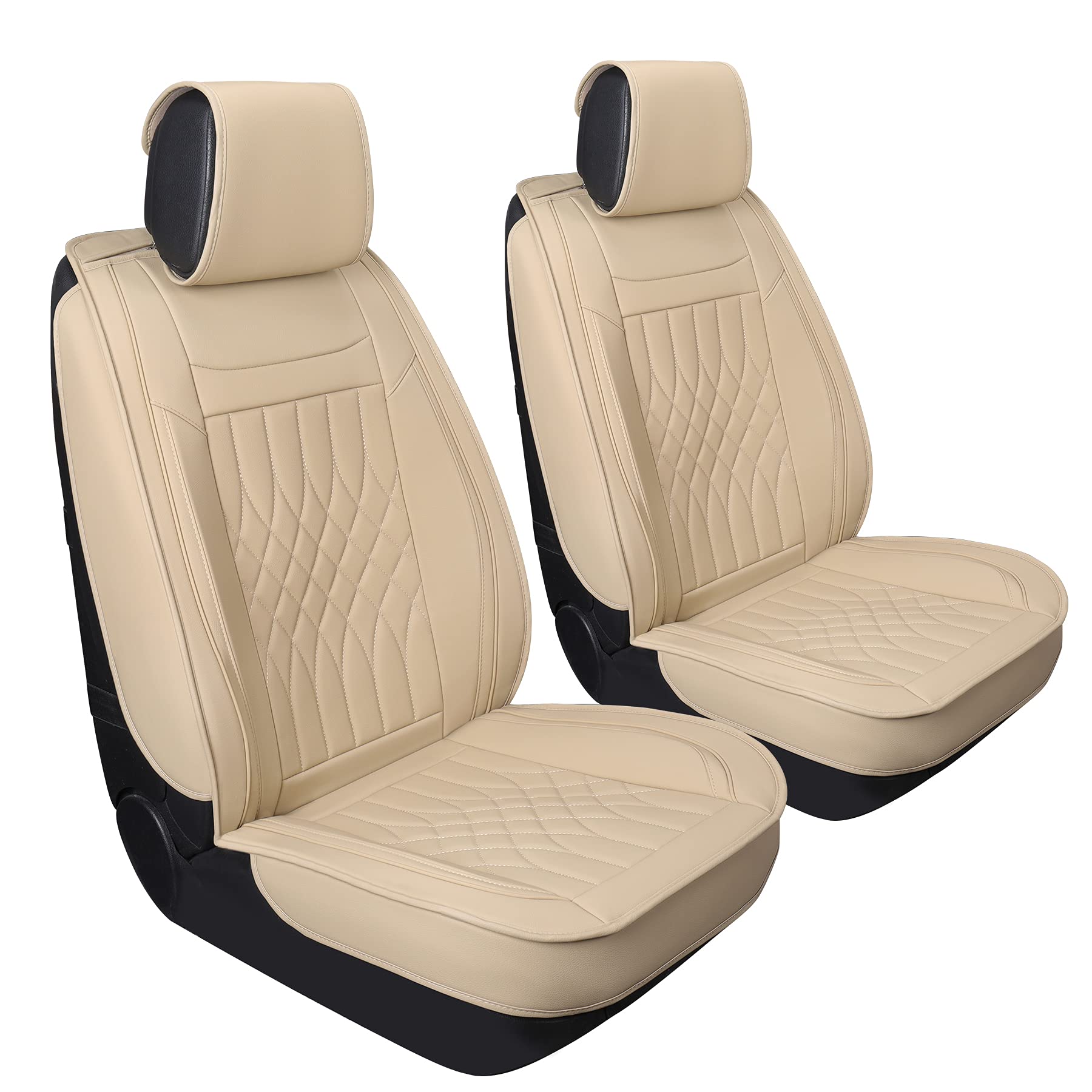 Sanwom Leather Car Seat Covers Front Pair - Universal 2 Pcs Waterproof Vehicle Cushion, Leatherette Automotive Seat Protector Accessories for Most SUV Sedan Pick-up Truck Such Honda Ford, Beige
