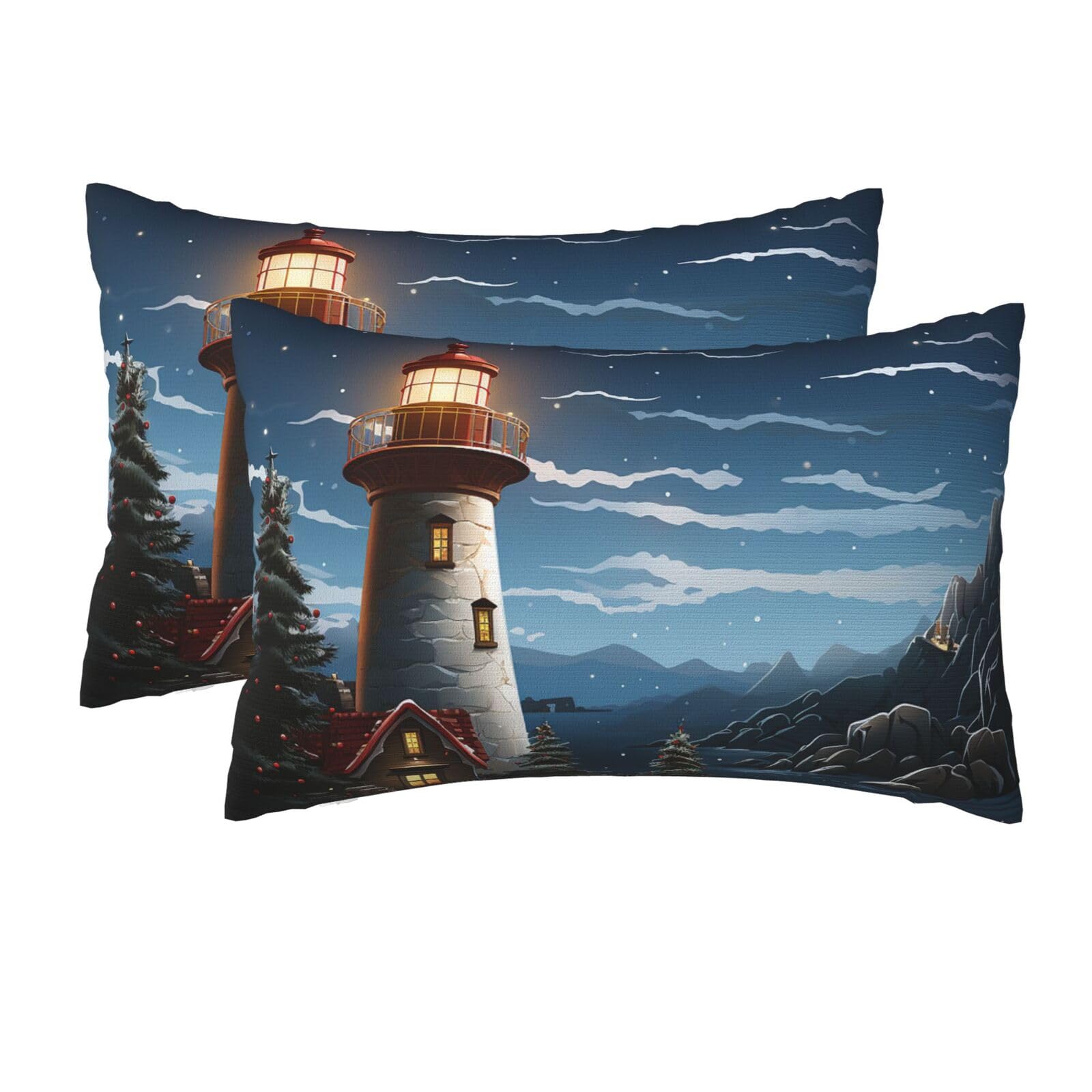 2 Pack Queen Pillow Cases with Hidden Zipper, Soft Breathable Pillow Covers for Hair and Skin, Santa Claus Lighthouse Pillowcases 20"x30" Bed Pillow Protectors Cover for Sleeping Gifts