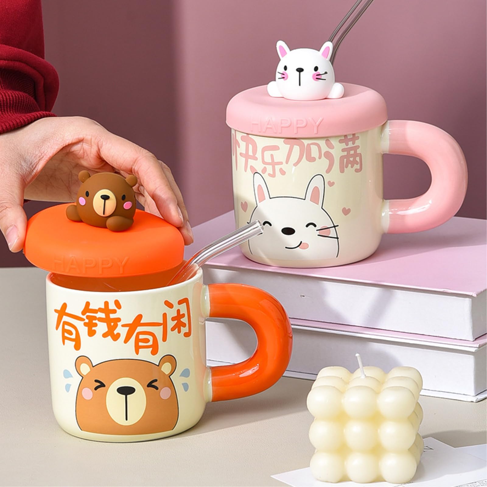 Taza de cerámica de 400 ml con tapa, para oficina, hogar, desayuno, conejito, 400 ml
