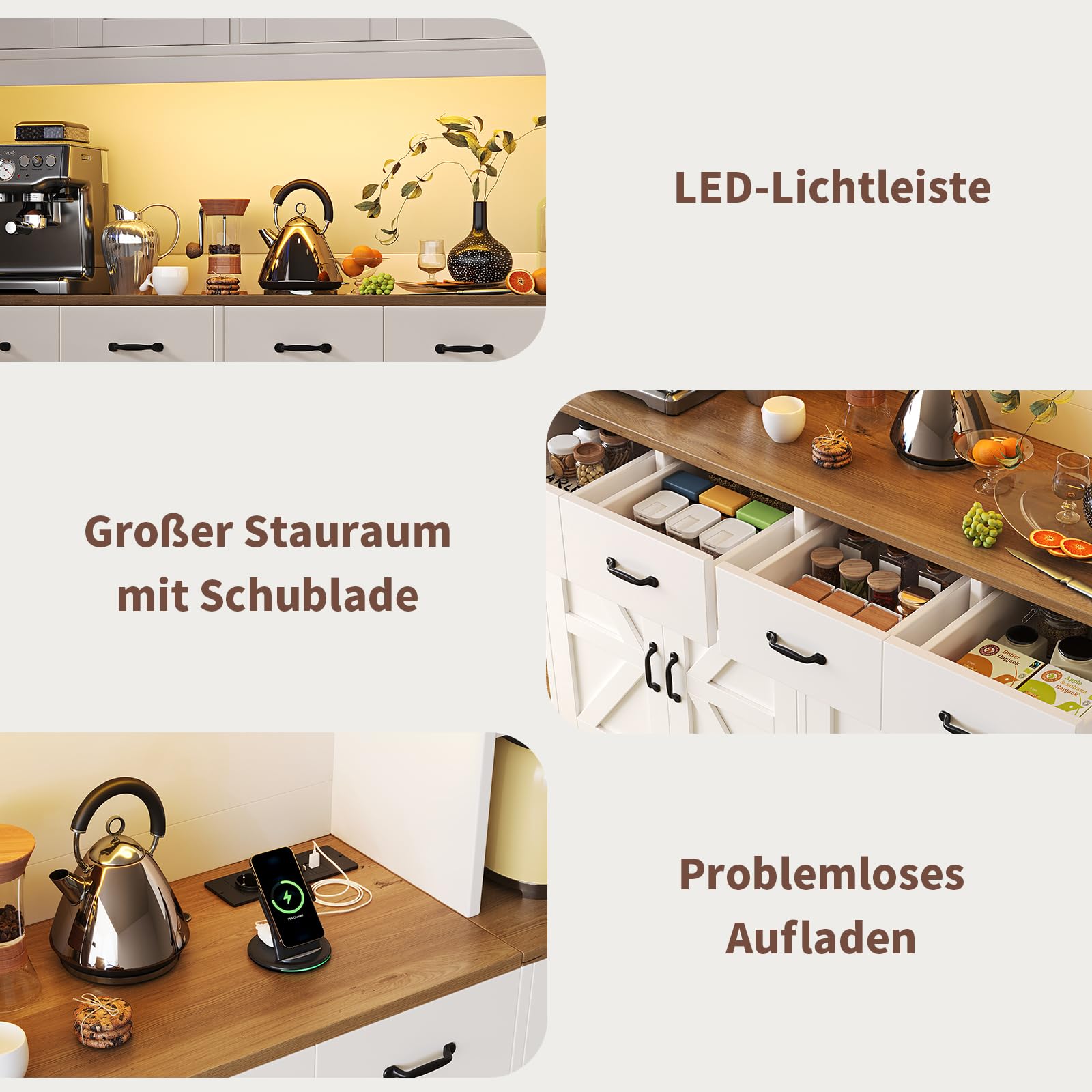 FUSOU Küchenschrank 180 cm LED Ladestation 4 Schubladen 6 Fächer – Vorratsschrank Landhausstil, Küchenschrank mit Arbeitsplatte Esszimmer verstellbare Böden Weiß