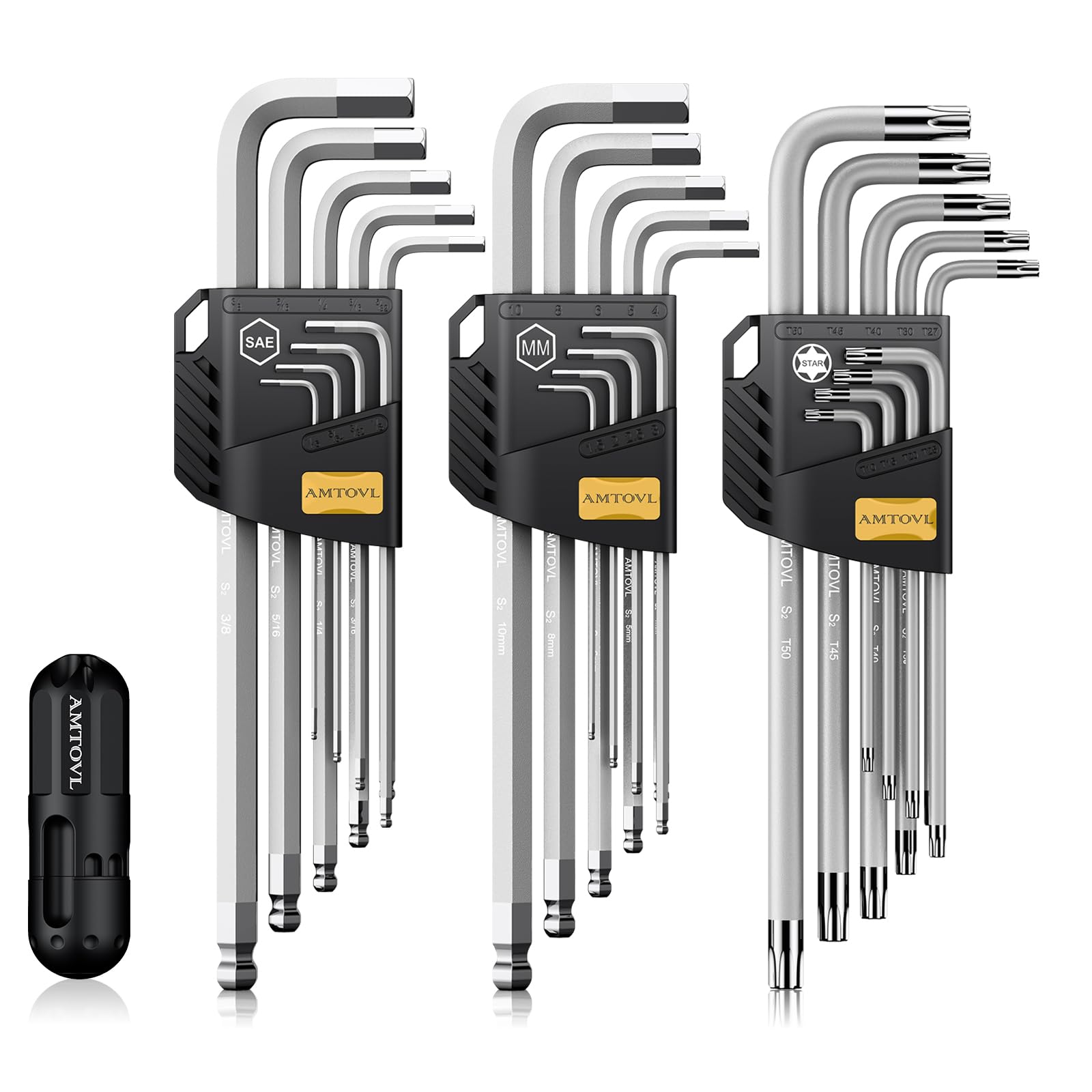 AMTOVL 27-Piece Magnetic Hex Key Set - S2 Steel SAE & Metric Allen Wrenches Set with Ball End Extra-Long T-Handle Design SAE 1/16"-3/8", Metric 1.5-