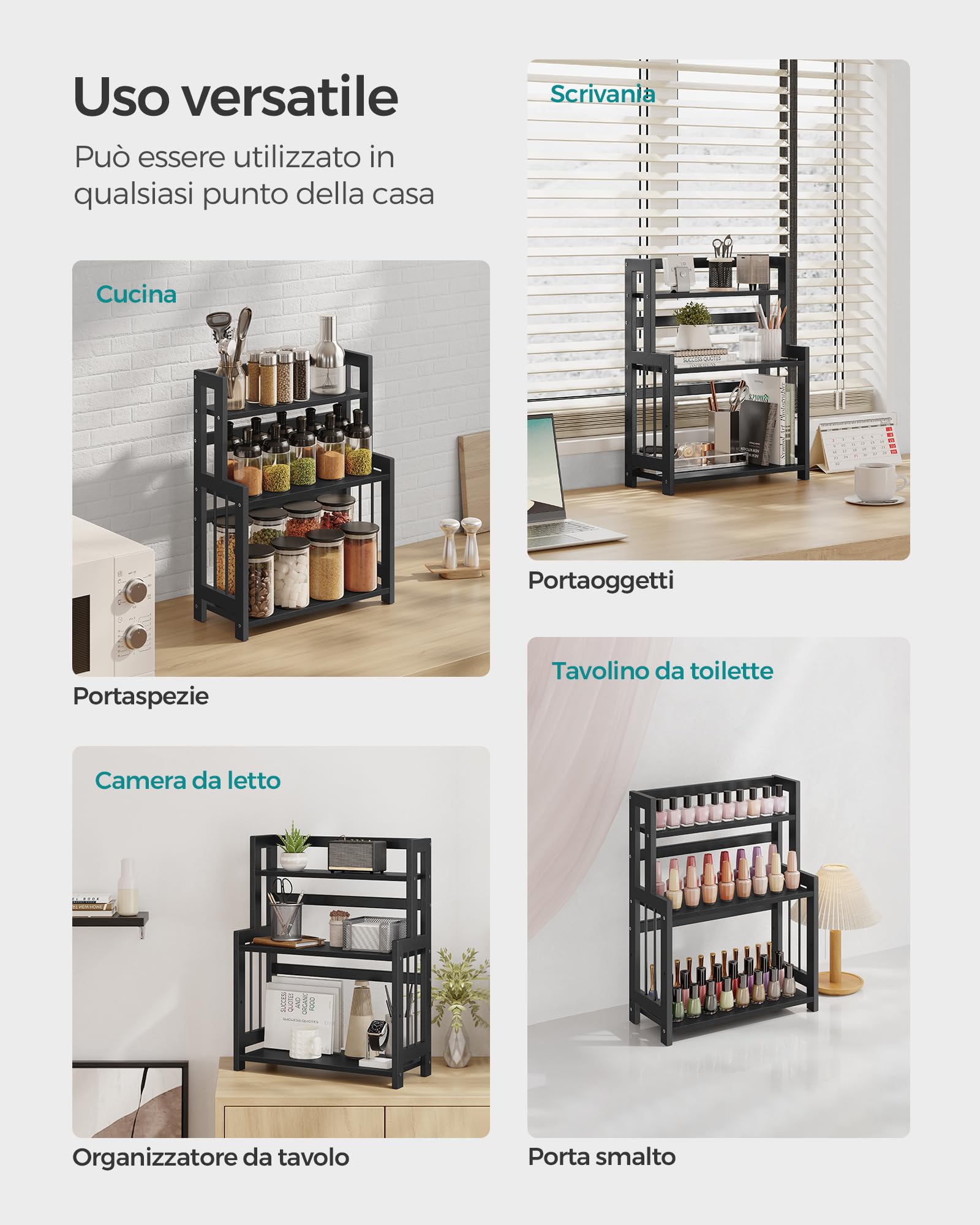 SONGMICS Portaspezie, Scaffale da Cucina a 3 Ripiani, Struttura in Bambù