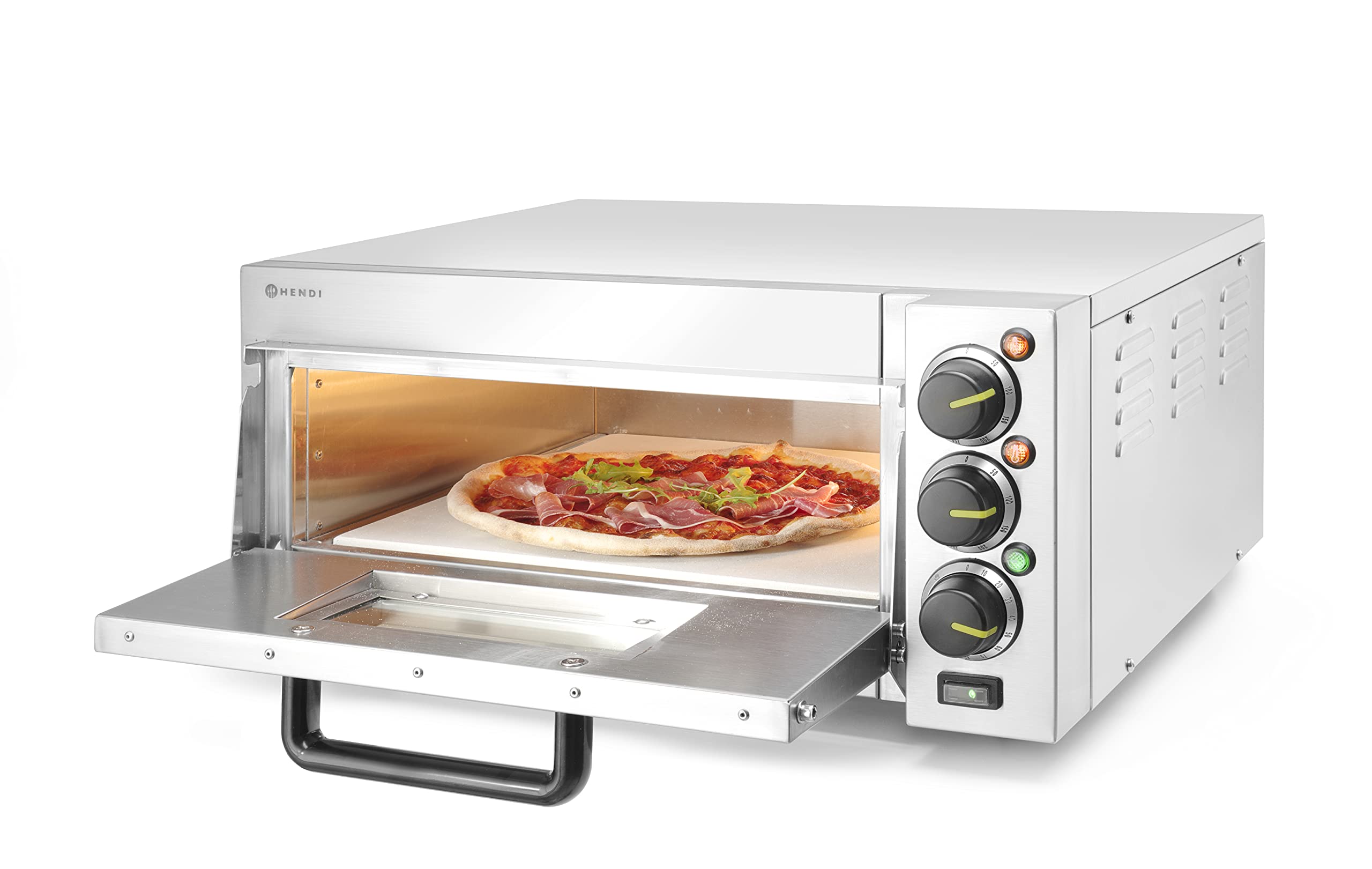 HENDI Horno profesional compacto para pizzas, horno eléctrico, para pizzas hasta diámetro 39cm, 50˚C~350˚C, 230V, 2000W, 580x560x(H)275mm, plateado, cuerpo de acero inoxidable AISI 430