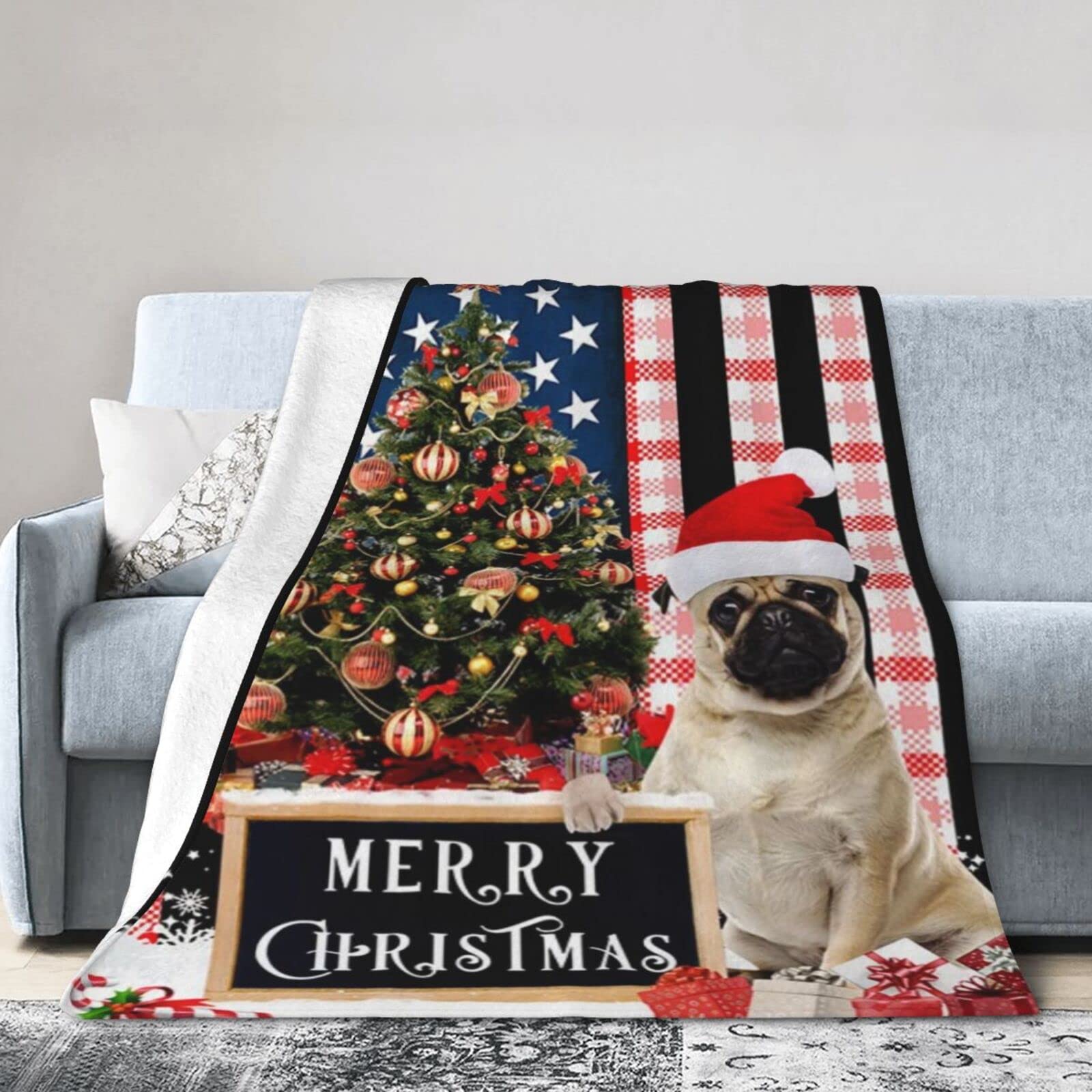 Lsjuee Christmas Flannel Fleece Blanket 40"X30" Merry Christmas Pug Bed Throw Blanket Funny Ultra-Soft Travel Winter Blankets for Womens Keep Warm