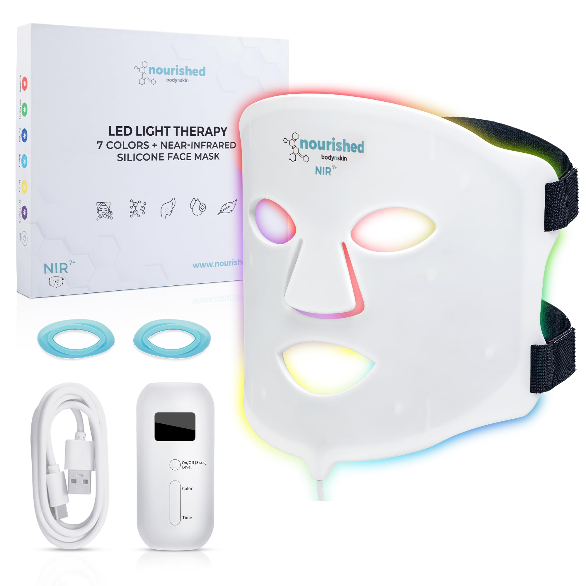 Nourished Bodynskin 7-Farben-LED-Gesichtsmaske mit Nahinfrarot - Blaue, rote Lichttherapie für das Gesicht - 456 LEDs - Hautpflegegerät gegen Falten, Anti-Aging