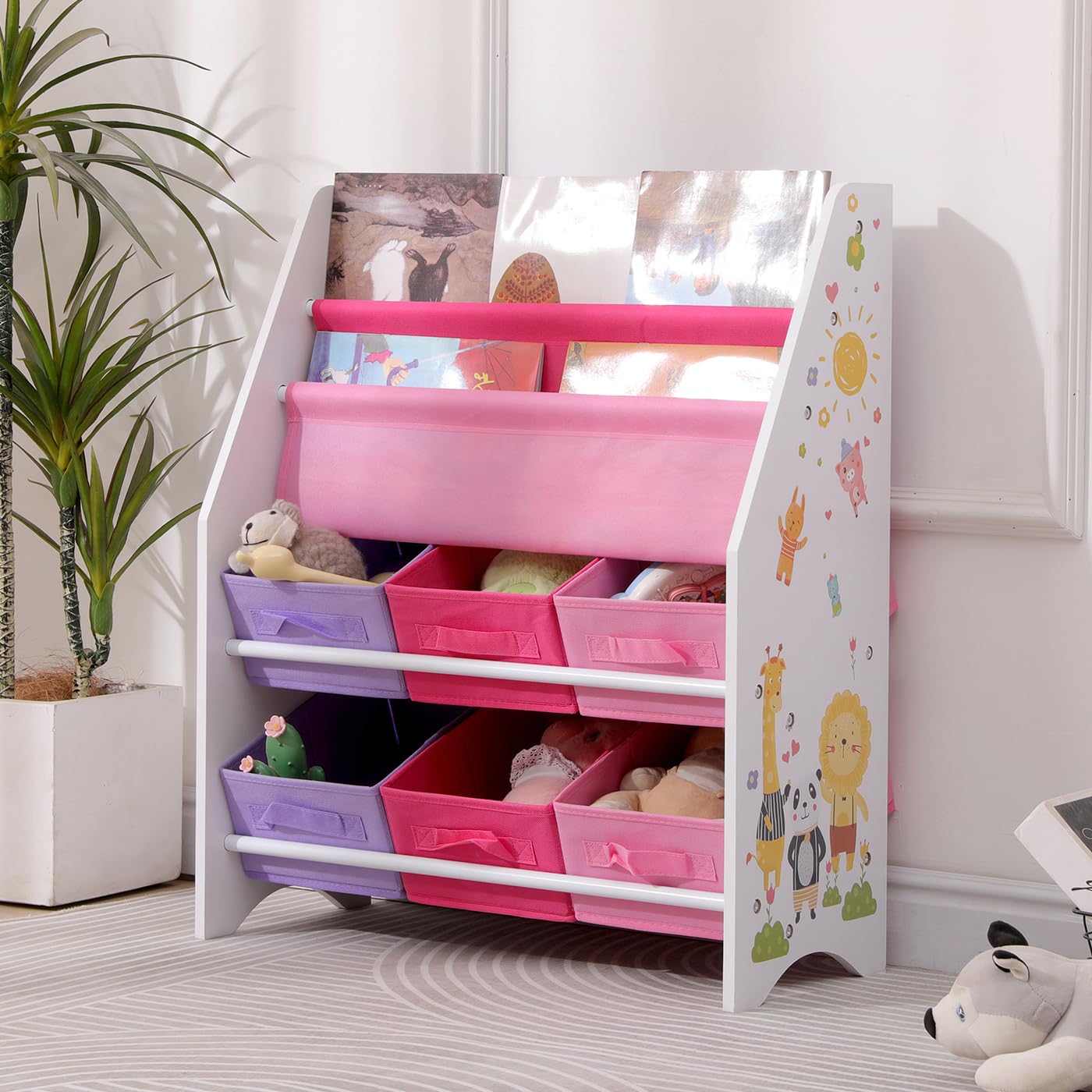 Kinder-Bücherregale, Kinder-Bücherregal-Organizer, Schlingen-Display, Bücherregal mit 6 Spielzeug-Aufbewahrungsboxen und 2 Bücherregalen, Kinder-Bücherregale für Spielzimmer, Kinderzimmer