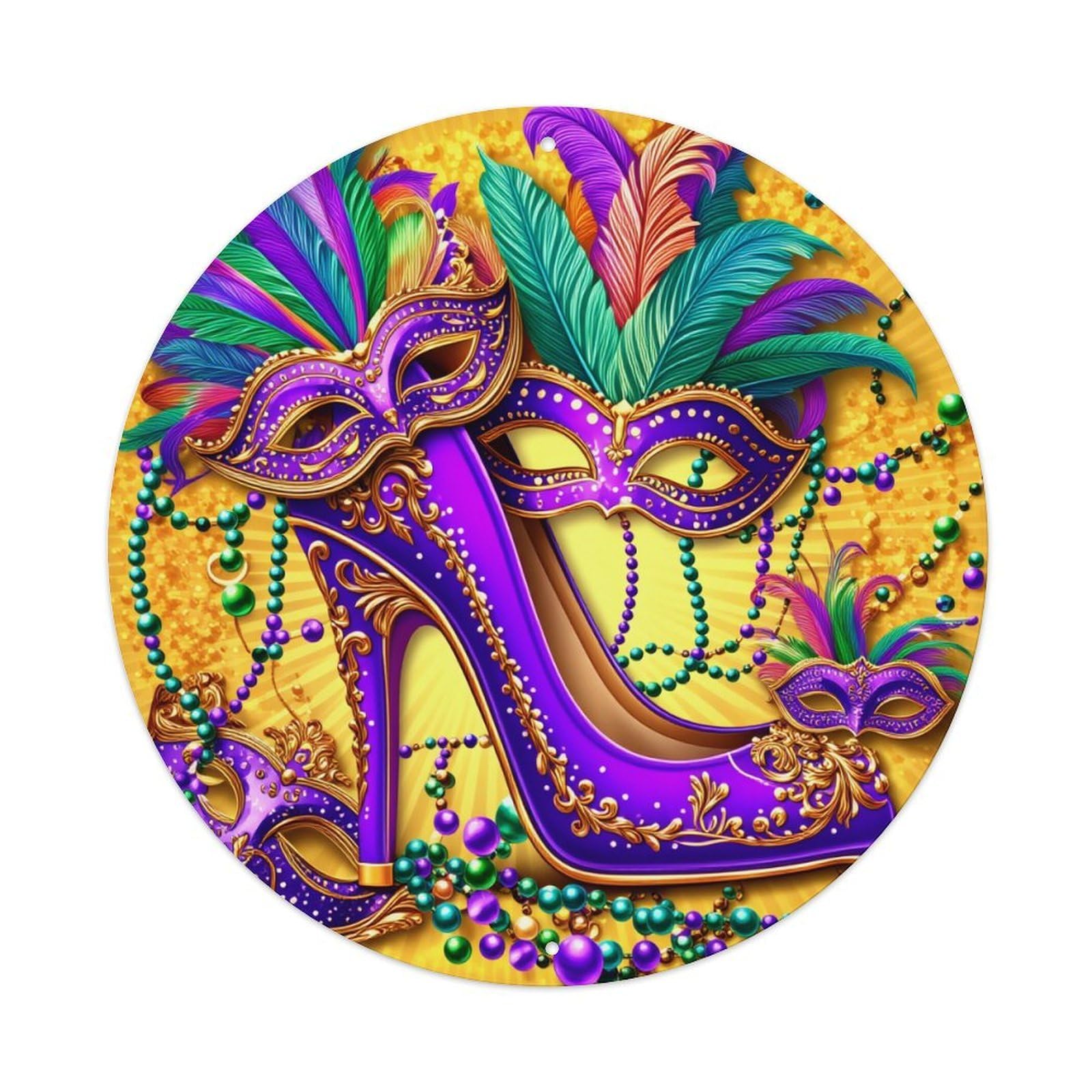 Mardi Gras Mask Feathers Beads Shoe Round Tin Sign Vintage Metal Poster, Home Bar Garage Man Cave Cafe Indoor & Outdoor Wall Decoration 8x8Inches