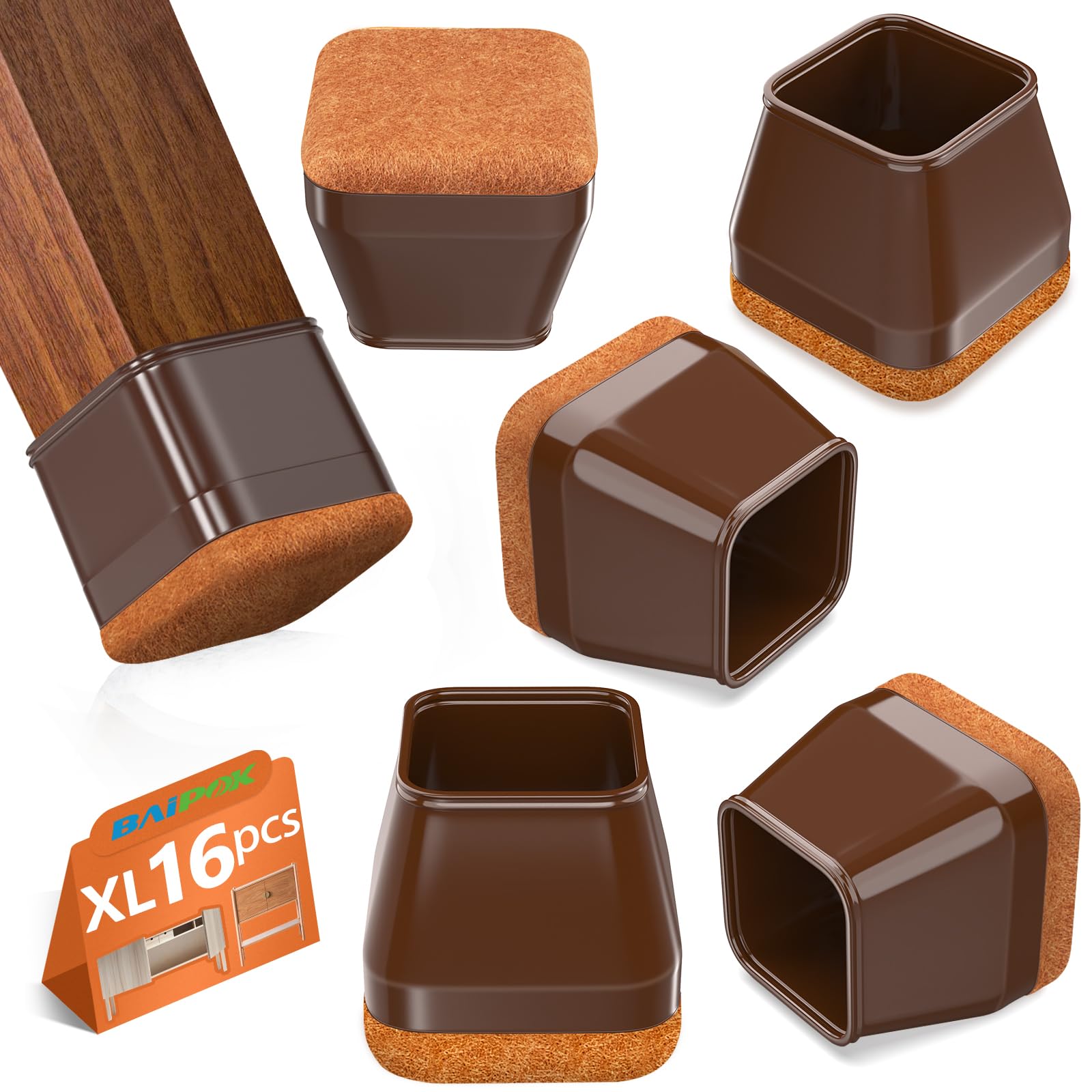 16Pcs Square Chair Leg Floor Protectors with Thickened Felt Pads Silicone Chair Leg Covers Caps to Protect Hardwood Tile Floors Furniture Feet Reduce