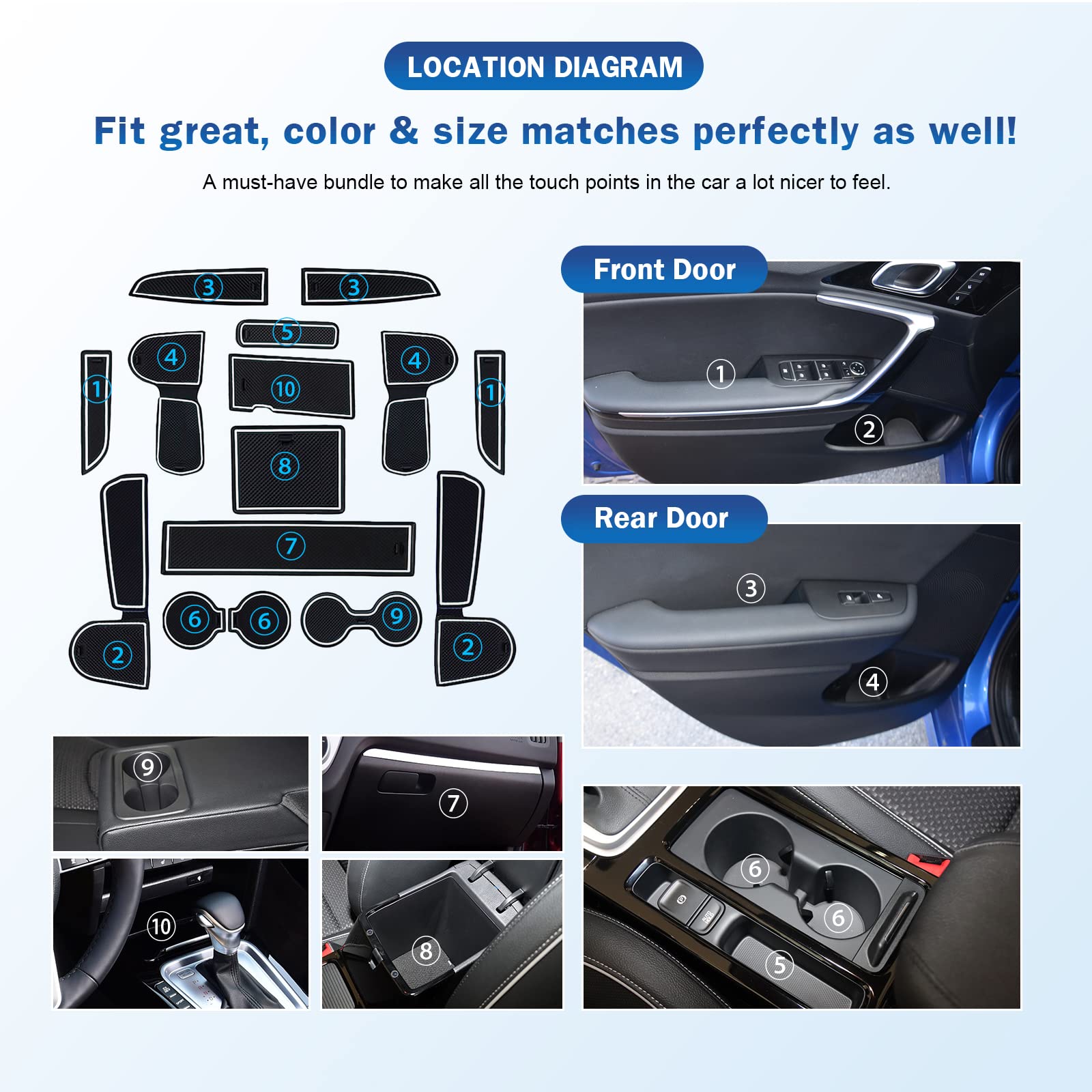 Tappetini Antiscivolo Per Kia Ceed/Proceed/XCeed GT Automatica 2018-24 | Set 15 Pezzi In Gomma PVC, Bianco, Per Console E Portabicchieri - 2