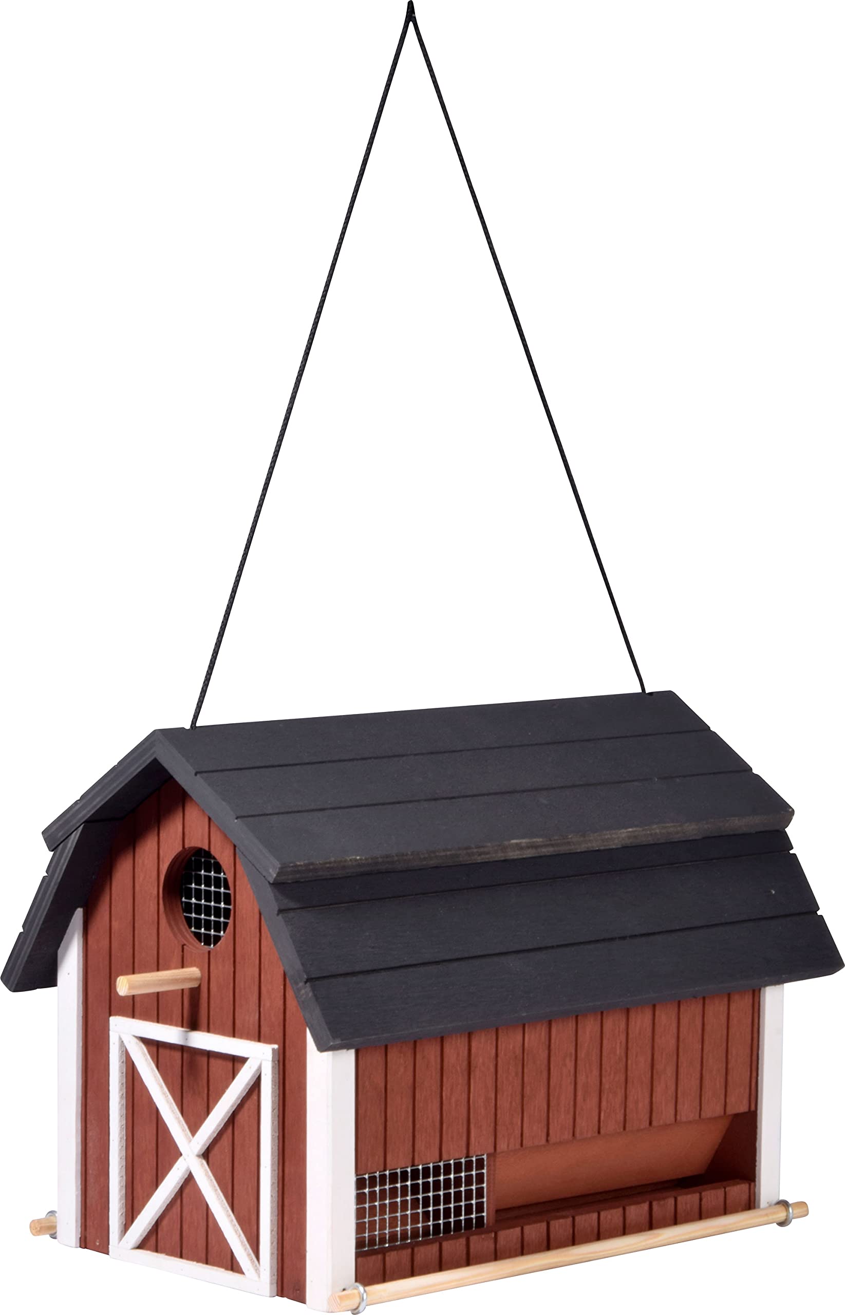 dobar® Green Label 98760FSCe Vogelfutterhaus Katthult hängend - Vogelhaus Massivholz - Futterstation Wildvögel - Vogelvilla zum Aufhängen - Futterspender Scheunen-Design - 31,5 x 22 x 24 cm - Rot