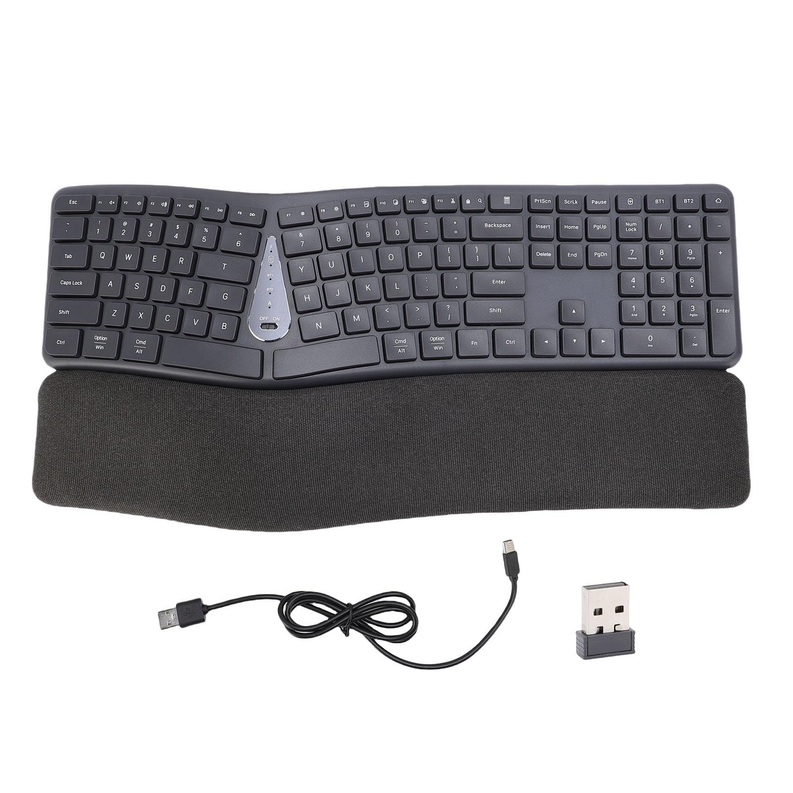 Denash Tastiera Ergonomica Wireless, Tastiera Divisa Bluetooth USB C 2.4G con Poggiapolsi Imbottito, Tastiera per Computer a 111 Tasti per Laptop Desktop