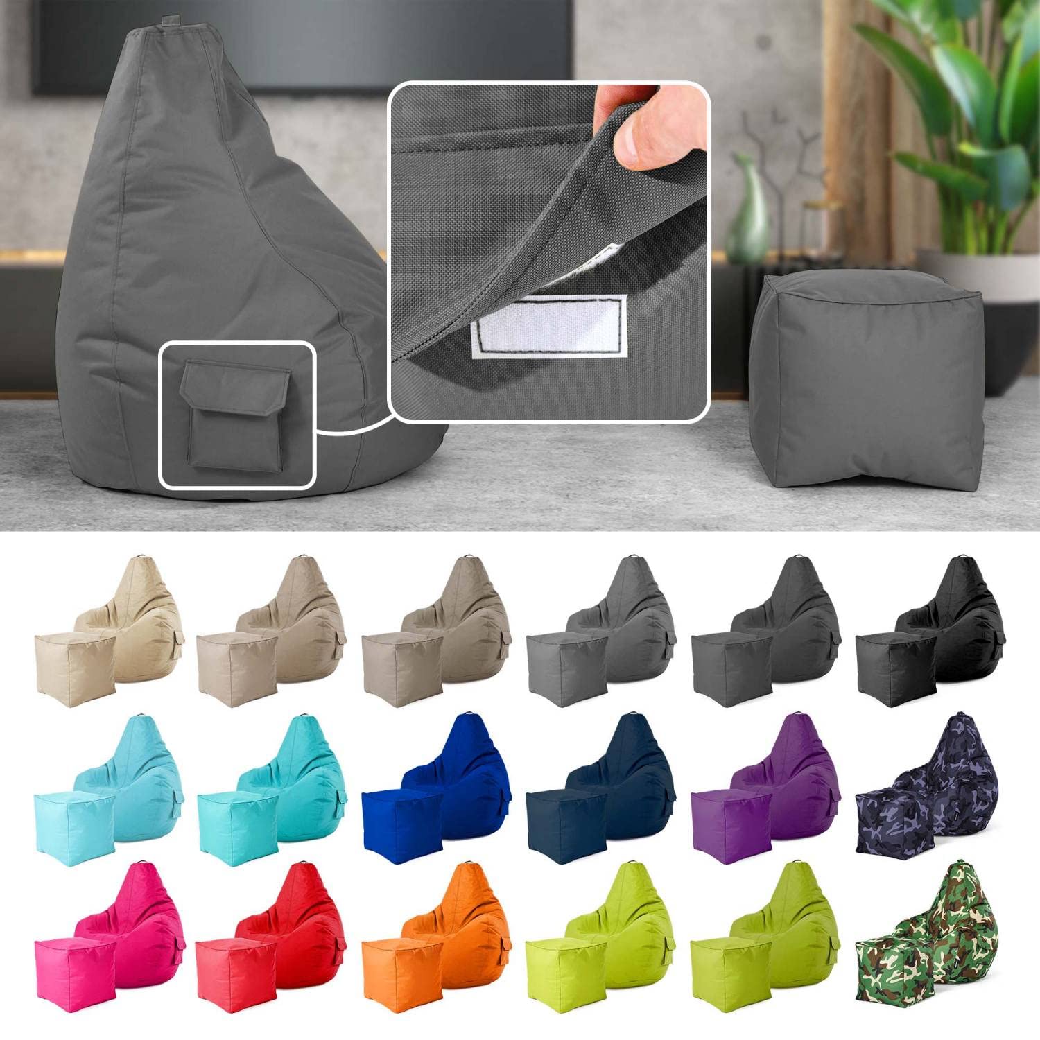 Green Bean Pouf Sacco Cozy + Sgabello Quadrato - Già Riempito - Poltrona Relax In Microfibra Lavabile E Antimacchia Per Adulti E Bambini - Grigio