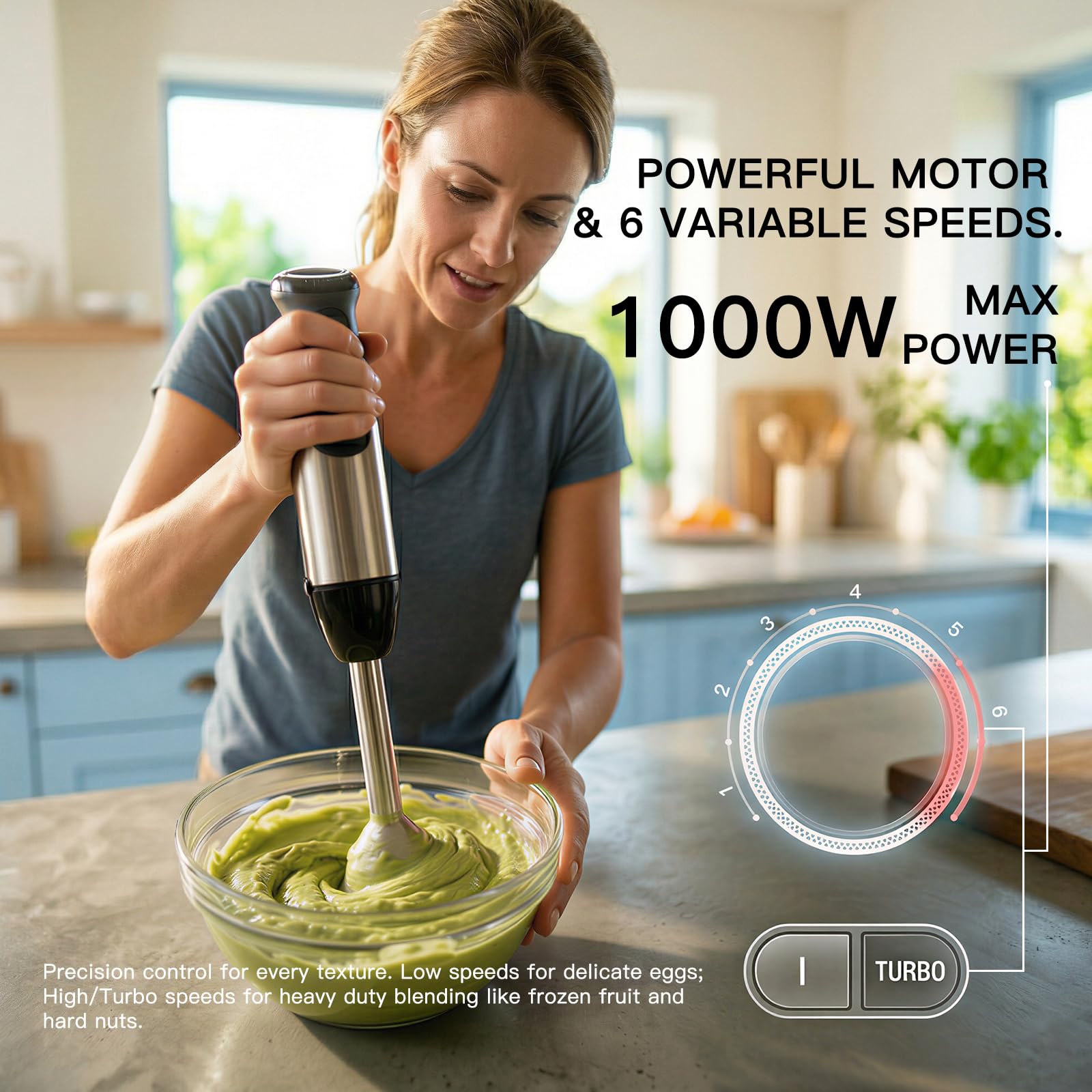 MEGAWISE - Licuadora de mano de inmersión 5 en 1 de 1000 W, batidora con batidor, espumador de leche, picador de alimentos y precipitados, batidora de mano de acero inoxidable de múltiples velocidades