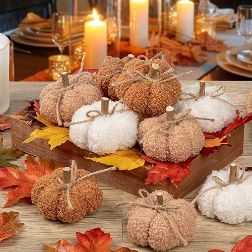Miniatura 4 de Decoraciones de calabaza de otoño para el hogar, 9 piezas de mini calabazas artificiales de tela, calabazas falsas para decoración, decoración de