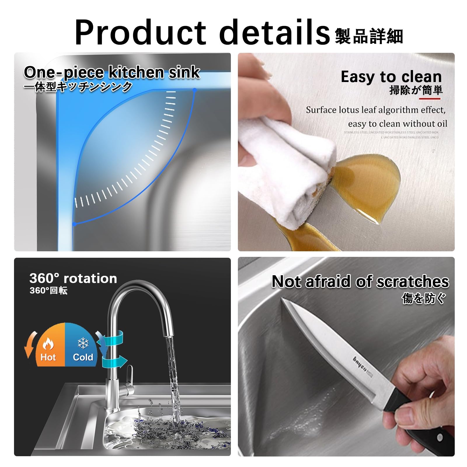 Évier de Jardin Extérieur Professionnel avec Chaud/froid Robinet et Support,Évier de Cuisine en Acier Inoxydable Sur Pied Avec Établi, Evier INOX 1 Bac avec Egouttoir,pour cuisines,Jardin