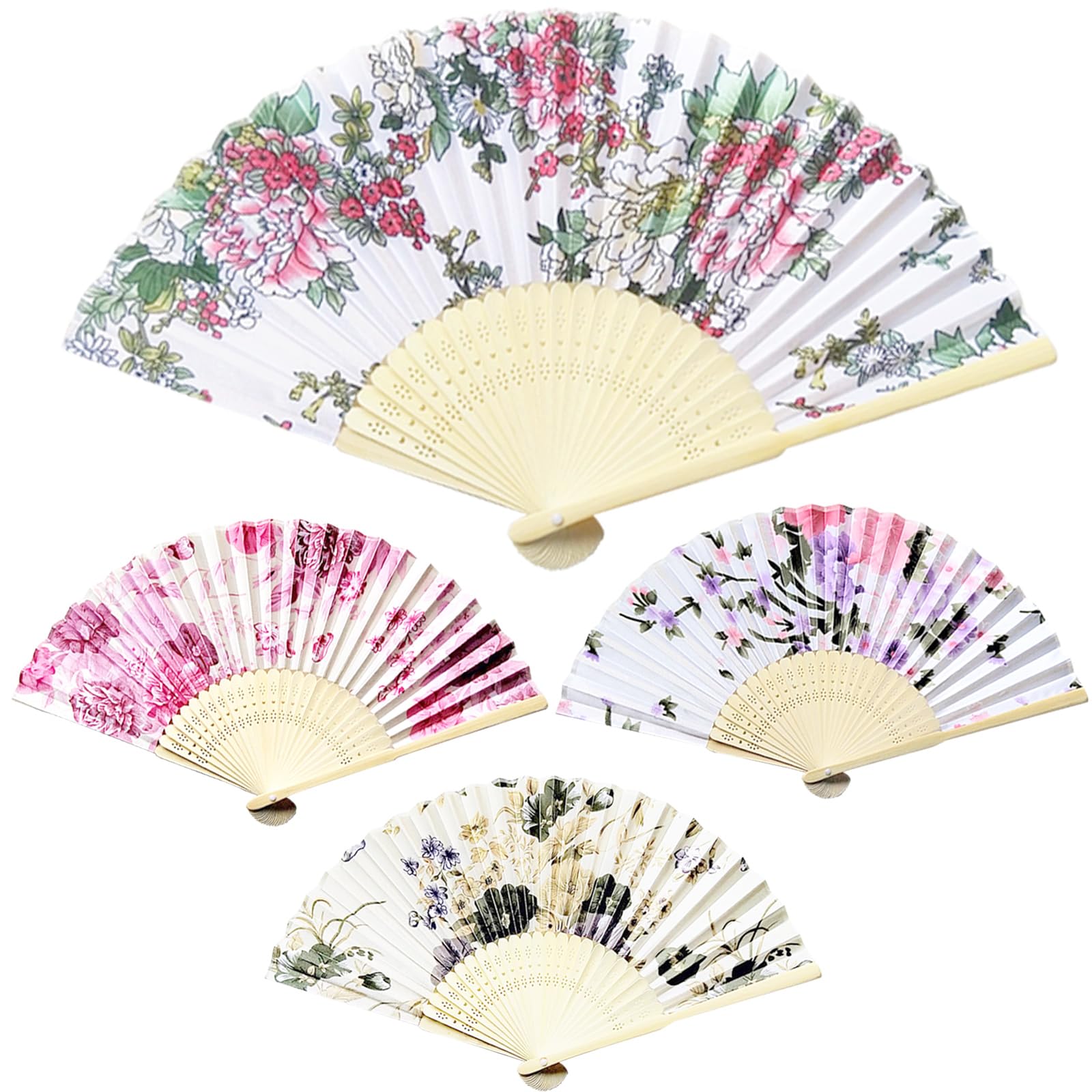 FOSDICK 4 PCS Hand Fan Folding, Silk Fabric Hand Fans for Women Folding, Handheld Fan, Chinese Style Bamboo Fans for Wedding, Preference, Performance, Dancing,Home Decoration