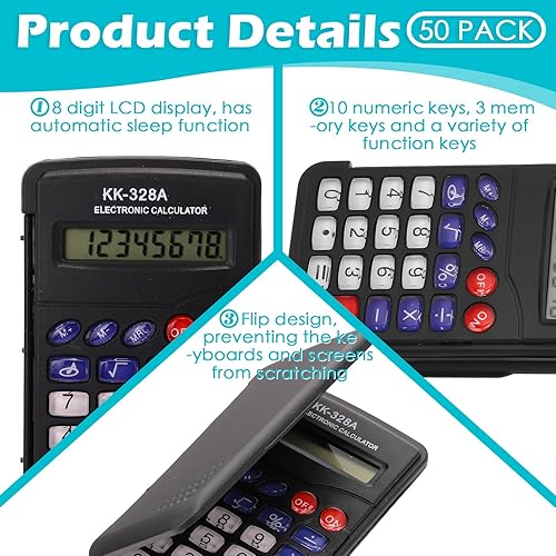 Miniatura 3 de Kanayu 50 calculadoras de tamaño de bolsillo a granel con pantalla de 8 dígitos, calculadora básica con botón de cubierta, batería, mini calculadora