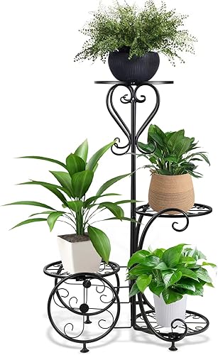 Soporte de metal para plantas para interiores y exteriores, soporte de flores negras de 4 niveles, resistente y más equilibrado, 27 pulgadas de