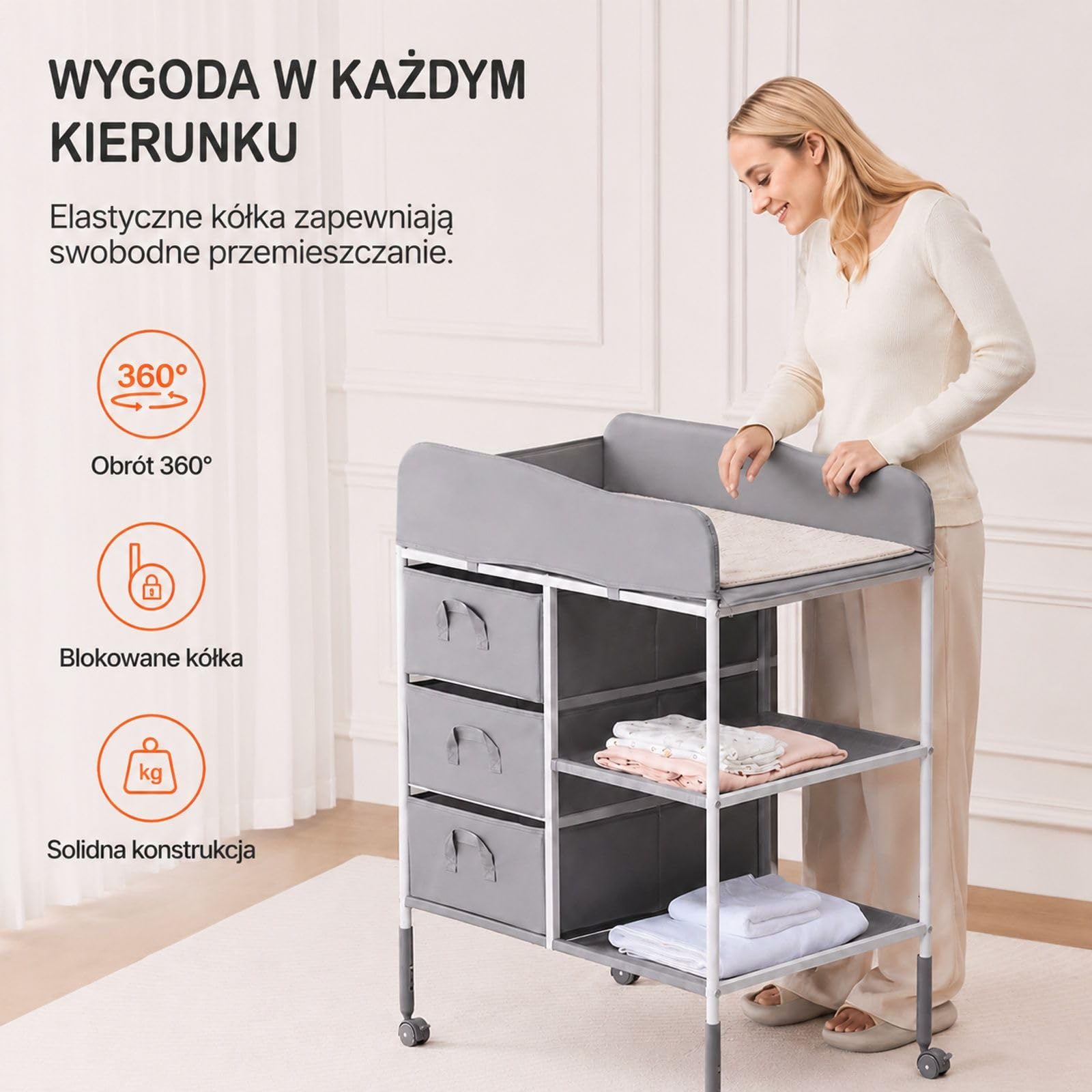 Przenośny przewijak z 3 szufladami, kółkami i regulowaną wysokością do użytku domowego