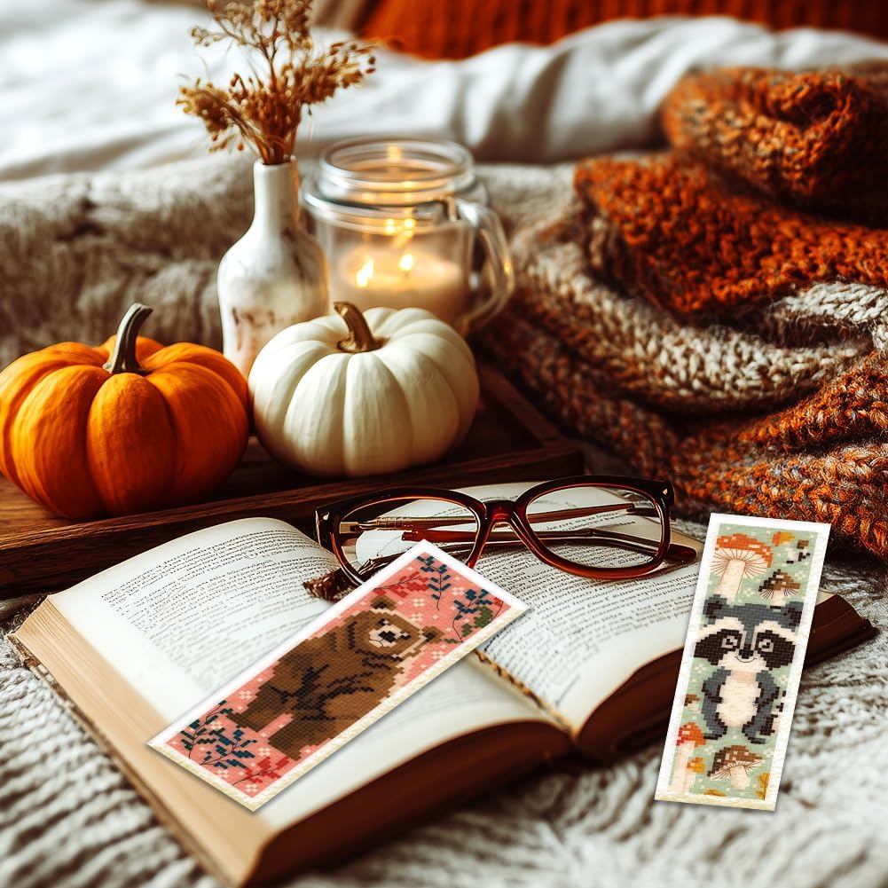 ORIGACH 6 Set Autumn Animals Cross Stitch Bookmark Kit for Beginner