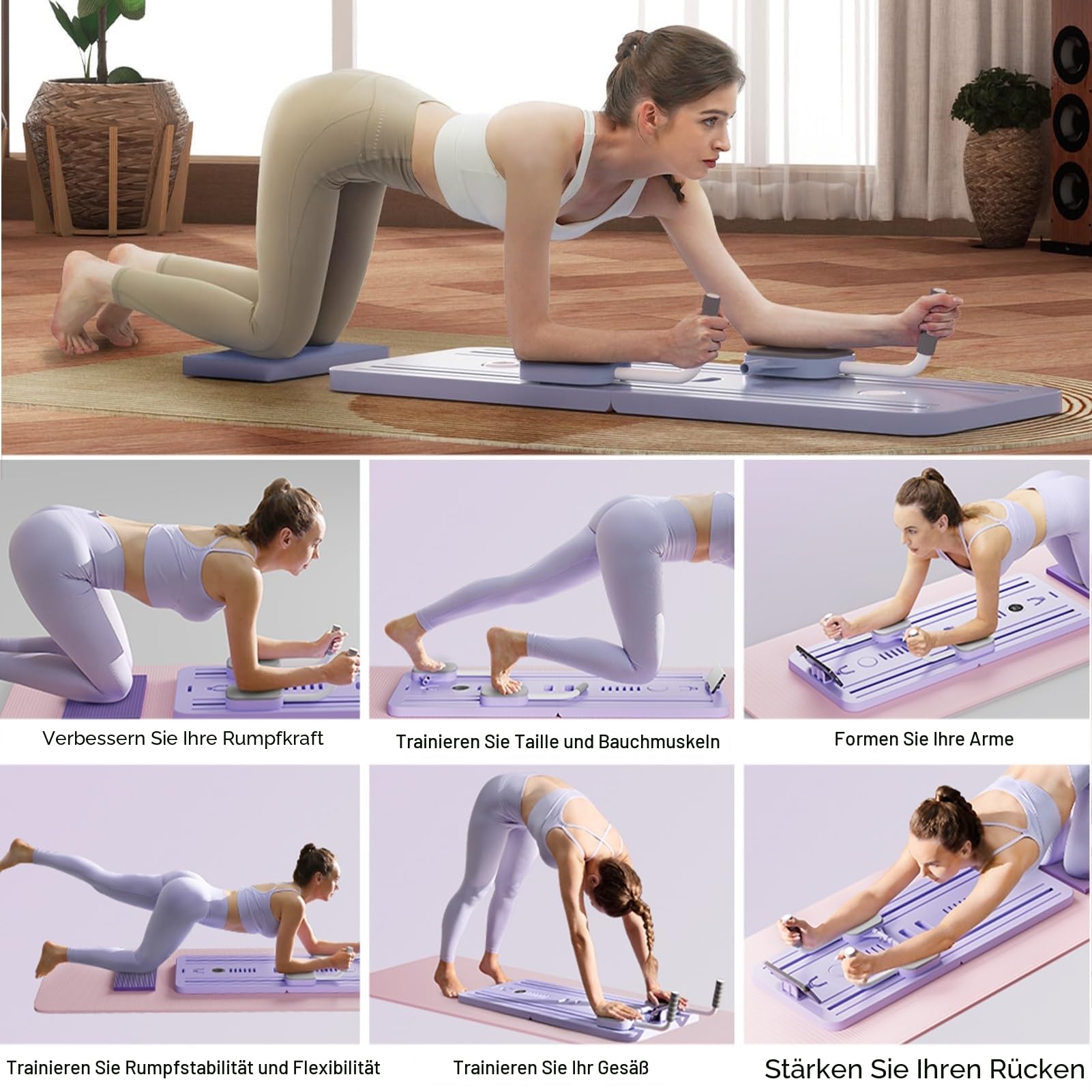 ExeractFit Upgraded Pilates Board, Pilates Reformer Set Bauchroller Board, Ab Roller Trainingsgerät Automatisches Rebound Bauchmuskeltrainer Mit Widerstandsband(Rosa ohne Griff)