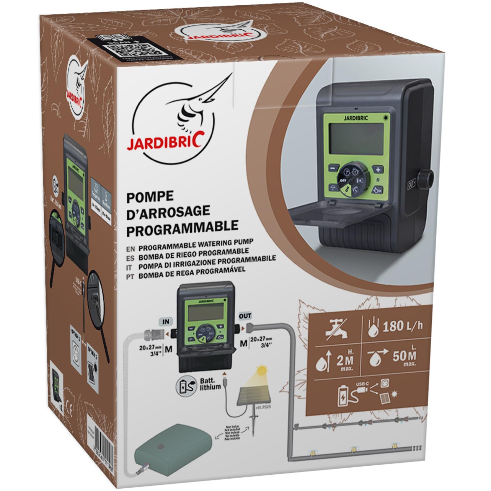 Jardibric - Pompe Récupérateur d’Eau Programmable 180 L/h - Goutte à Goutte - Batterie Rechargeable USB - Compatible Solaire