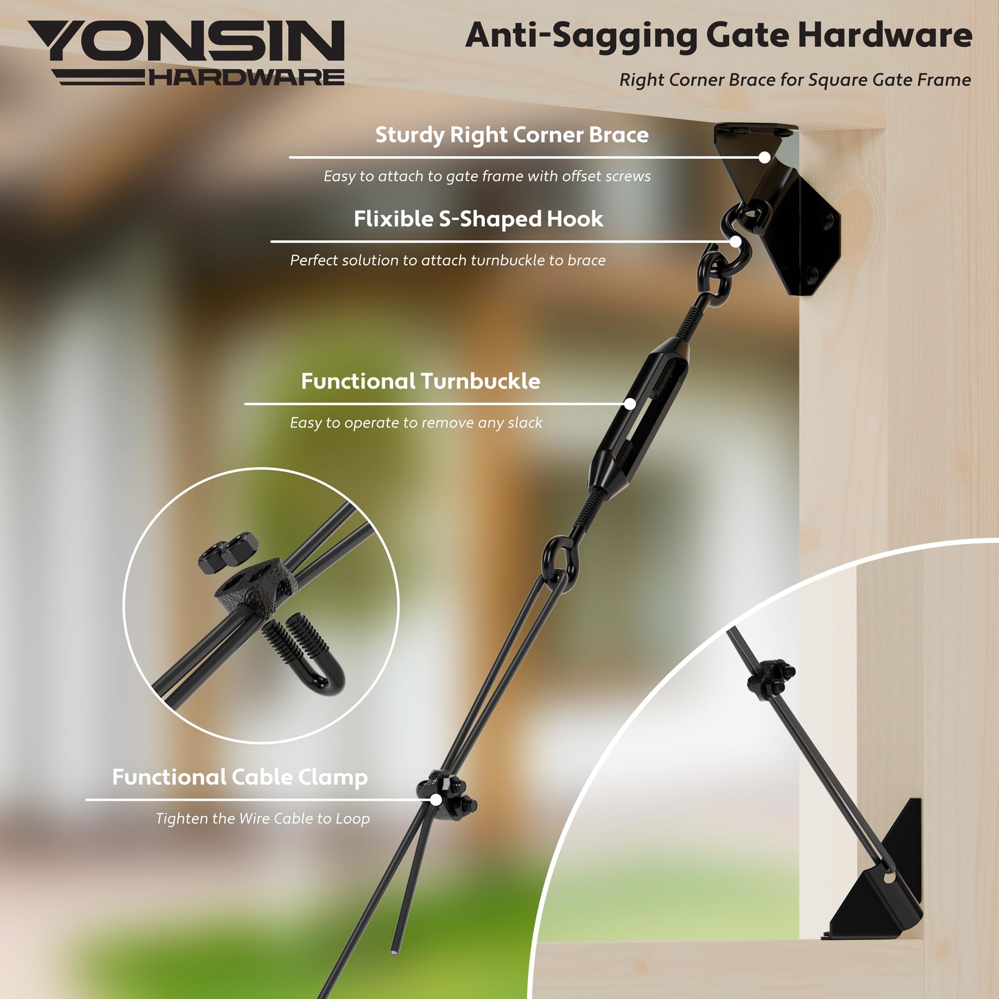 TIBEGOLD Anti Sag Gate Kit For Wooden Fence, Black Anti-Sagging Gate Support Cable Kit Hardware, Gate Sag Frame Kit Hardware No Sag Gate Kit Hardware, Wood Gate Repair Kit For Outdoor - View #11
