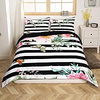 Vista 1 de Funda de edredón floral rosa, funda de edredón a rayas blancas y negras, juegos de ropa de cama rosa y negro, rosa con mariposa y hojas, elegante