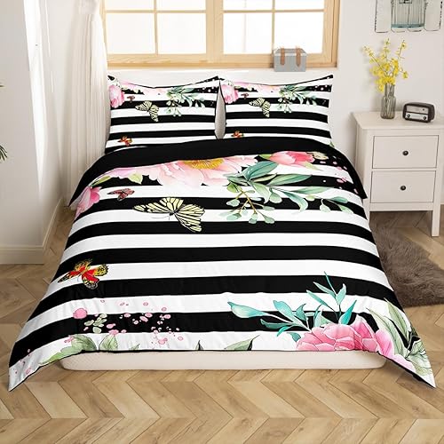 Funda de edredón floral rosa, funda de edredón a rayas blancas y negras, juegos de ropa de cama rosa y negro, rosa con mariposa y hojas, elegante