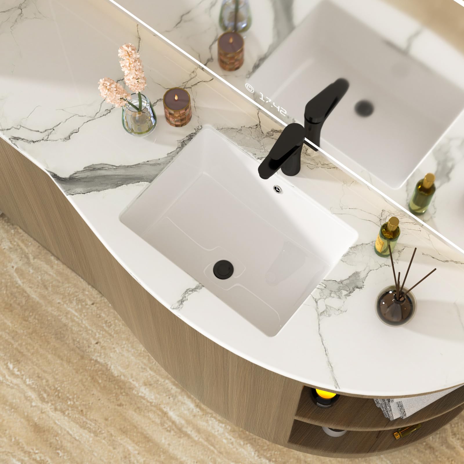 Fregadero de baño de cerámica de 51 x 37 cm, color blanco | Cuenco interior de 45,5 x 31,5 cm, lavabo rectangular de porcelana moderna para debajo del mostrador, fácil de limpiar