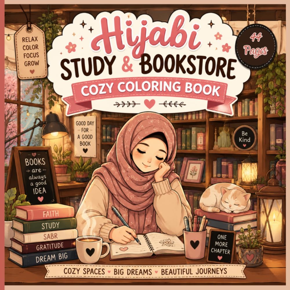 Hijabi Study & Bookstore Cozy Coloring Book: for Book lovers Cute Reading Nooks, Study Spaces, Book Cafés, Journaling & Self-Care Designs: 44 Coloring ... Study Corners, Reading Moments, and Hygge