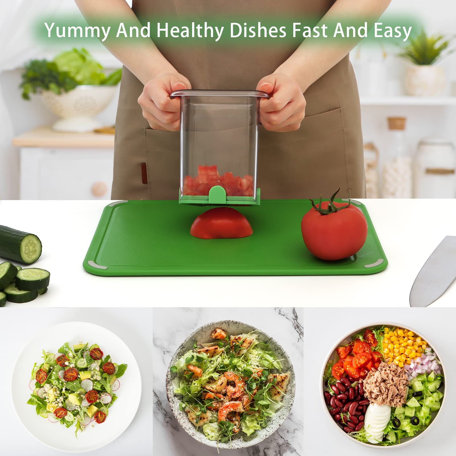 Cortador de fresas - Cortador de frutas con recipiente - Picador profesional de alimentos suaves - Cortador de frutas desmontable con placa de empuje - 2 cuchillas - Verde 3