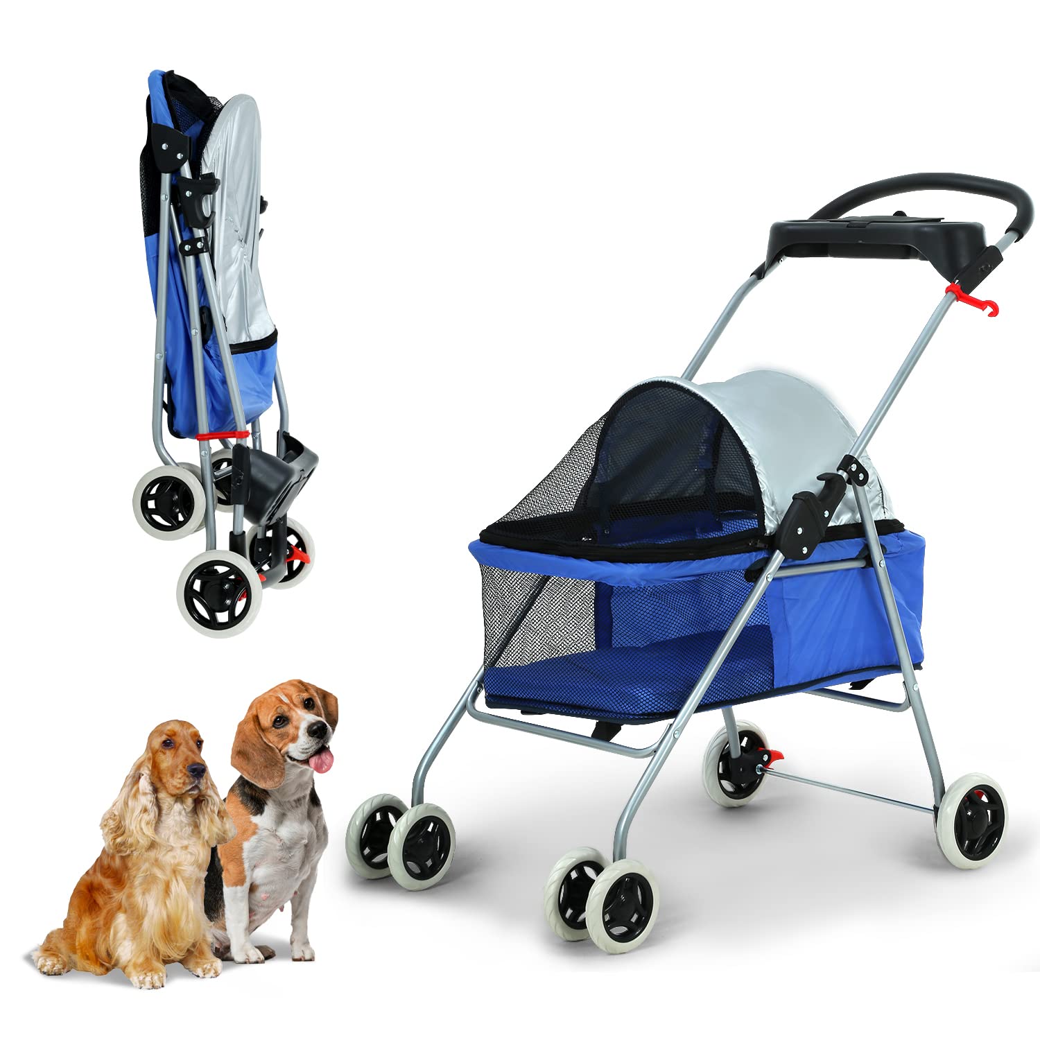 Pet Stroller Jogger Folding Travel Carrier 4 Wheels Cat & Dog Stroller with Cup Holder – 35 Pound Capacity, Blue
